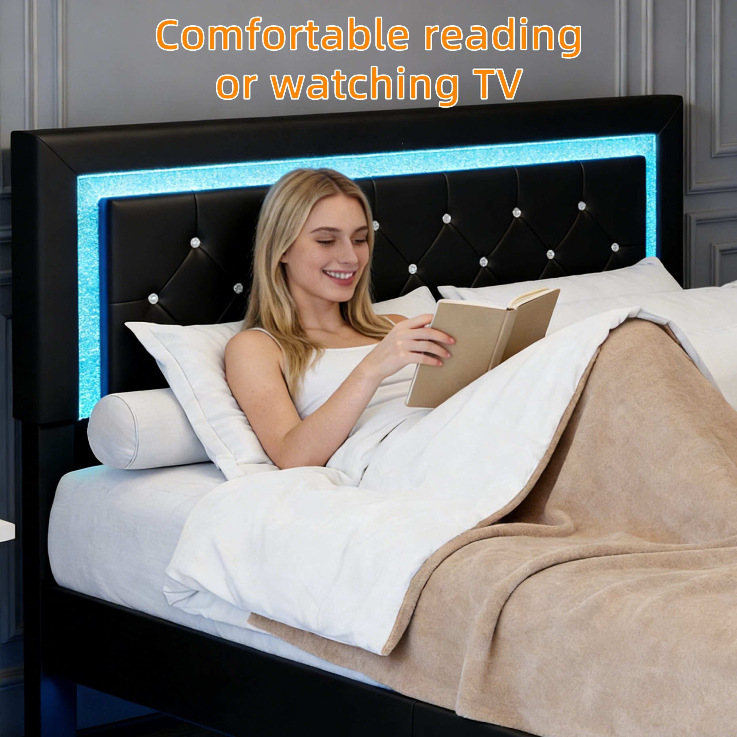 Full Size Bed Frame with Headboard, Floating Bed Frame with LED Lights, Upholstered Platform Bed with Diamond Tufted Headboard, No Box Spring Required, Black Full Size Bed Frame with Headboard, Floating Bed Frame with LED Lights, Upholstered Platform Bed with Diamond Tufted Headboard, No Box Spring Required, Black