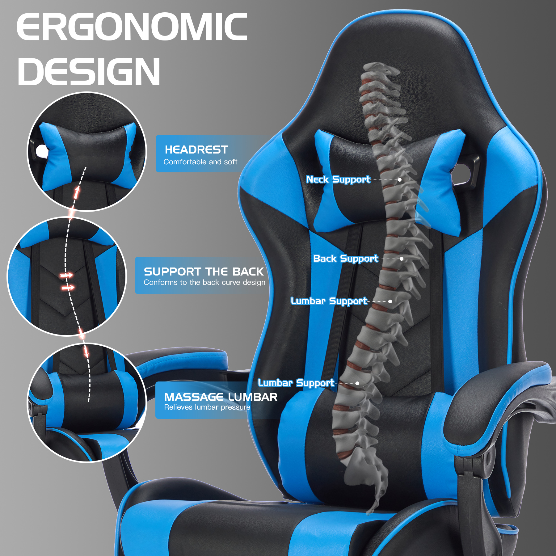 Gaming Chair with Footrest, Ergonomic Computer Chair with Headrest and Lumbar Support, Breathable Material Height Adjustable Video Game Chairs for Adults, Blackblue Gaming Chair with Footrest, Ergonomic Computer Chair with Headrest and Lumbar Support, Breathable Material Height Adjustable Video Game Chairs for Adults, Blackblue