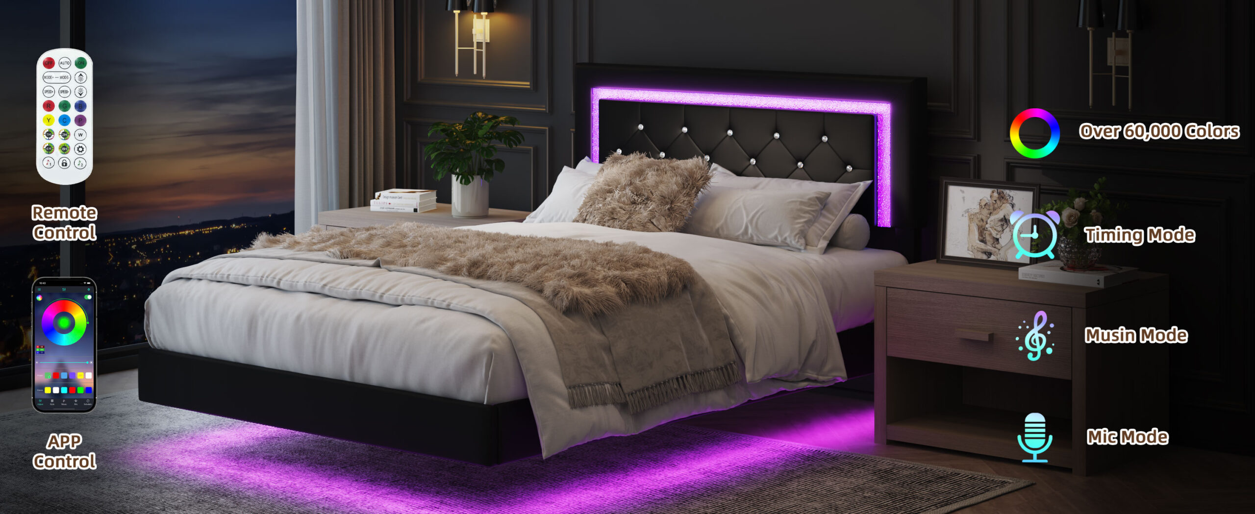 Full Size Bed Frame with Headboard, Floating Bed Frame with LED Lights, Upholstered Platform Bed with Diamond Tufted Headboard, No Box Spring Required, Black Full Size Bed Frame with Headboard, Floating Bed Frame with LED Lights, Upholstered Platform Bed with Diamond Tufted Headboard, No Box Spring Required, Black