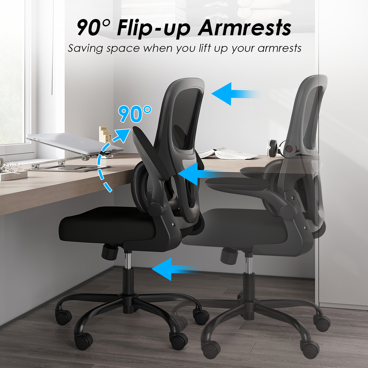 Office Chair, Mesh Ergonomic Office Chair with Lumbar Support, Comfy Computer Desk Chair with Flip Armrest Rolling Wheels for Home Study Room Office, Black & Black Office Chair, Mesh Ergonomic Office Chair with Lumbar Support, Comfy Computer Desk Chair with Flip Armrest Rolling Wheels for Home Study Room Office, Black & Black