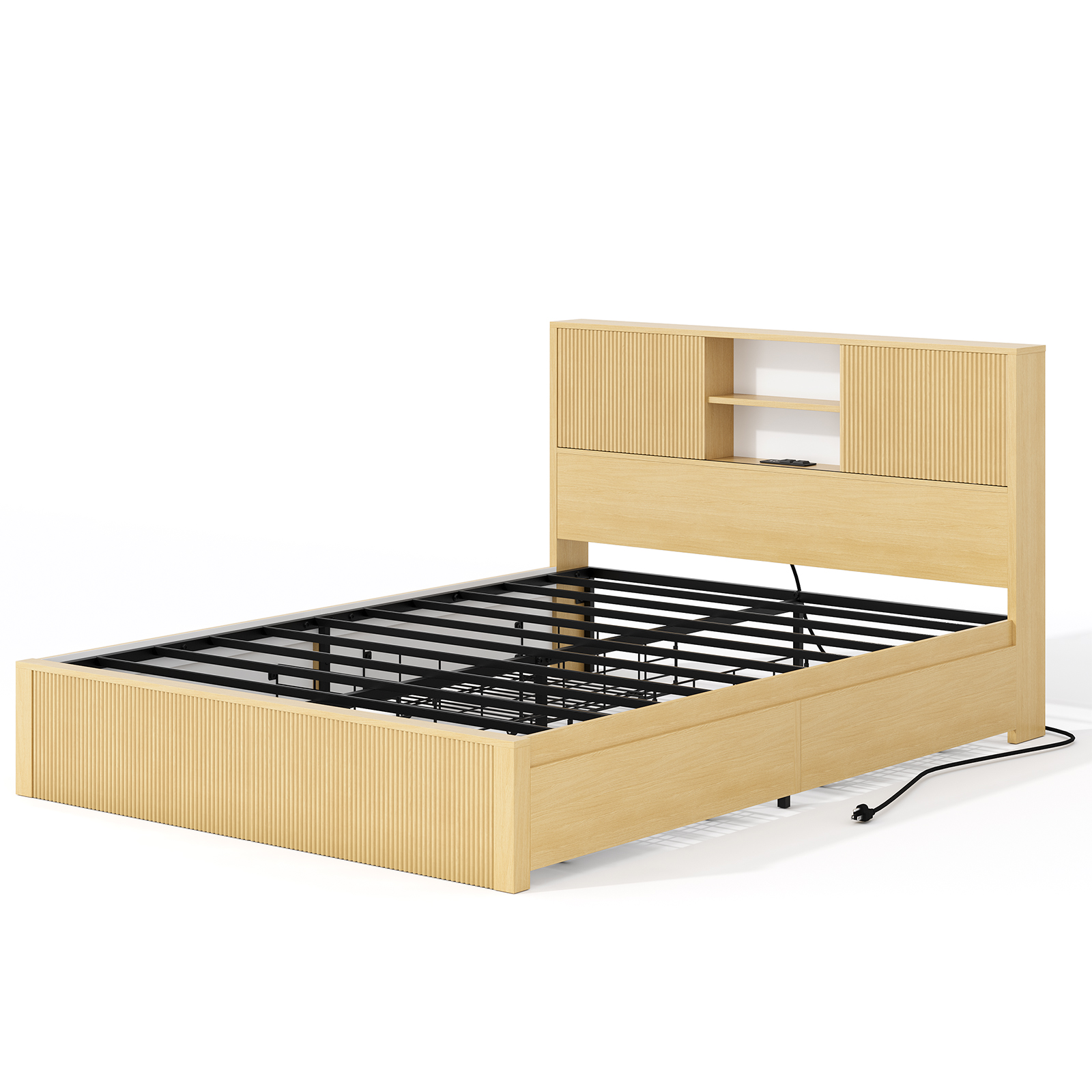 Queen Size Bed Frames with 4 Storage Drawers & 2-Tier Storage Headboards & Built-in USB Ports & Power Outlets, Metal Bed Frames Nox Box Spring Needed, Oak Queen Size Bed Frames with 4 Storage Drawers & 2-Tier Storage Headboards & Built-in USB Ports & Power Outlets, Metal Bed Frames Nox Box Spring Needed, Oak