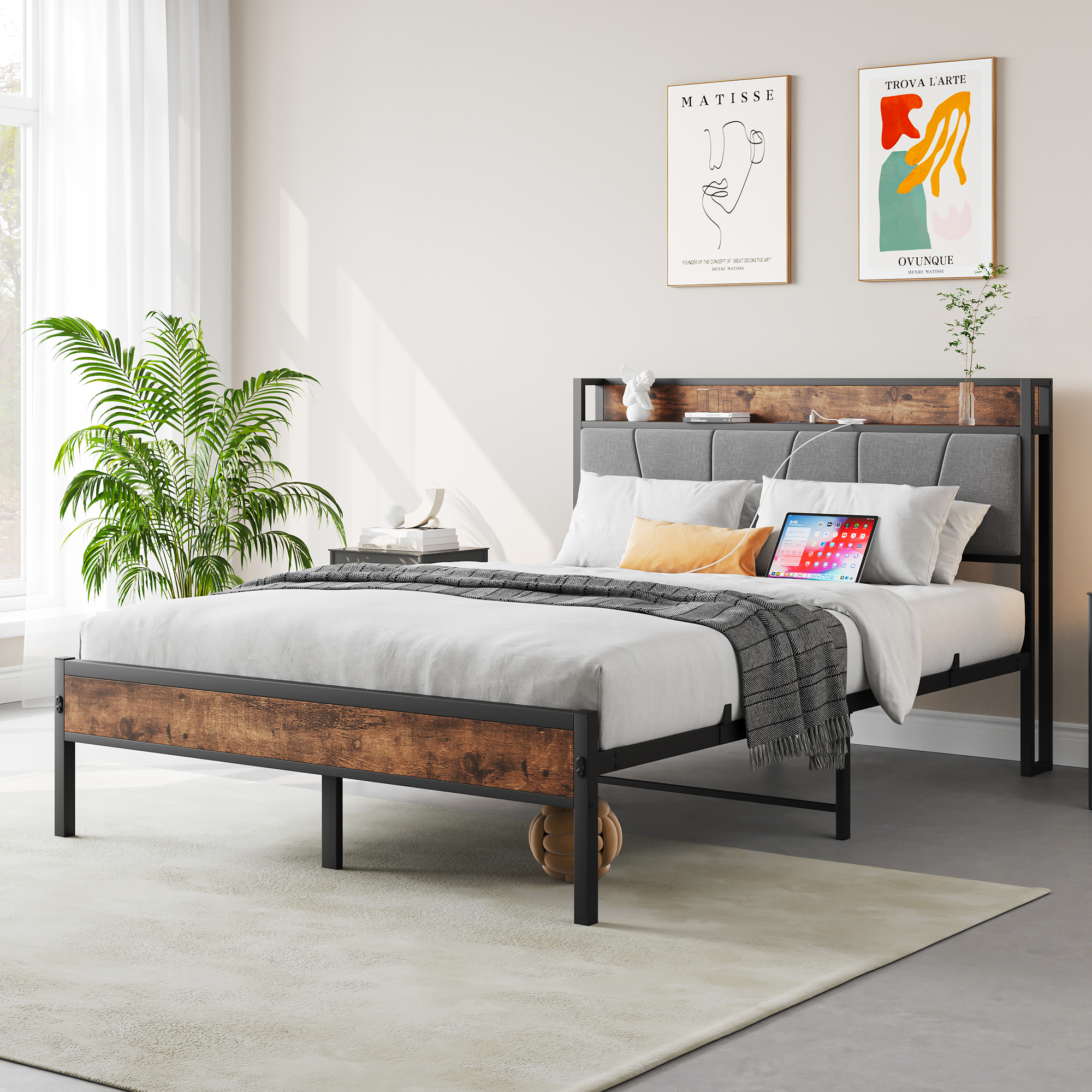 Full Size Bed Frame, Storage Headboard with Charging Station, Solid and Stable, Noise Free, No Box Spring Needed, Easy Assembly,Vintage Brown and Gray Full Size Bed Frame, Storage Headboard with Charging Station, Solid and Stable, Noise Free, No Box Spring Needed, Easy Assembly,Vintage Brown and Gray