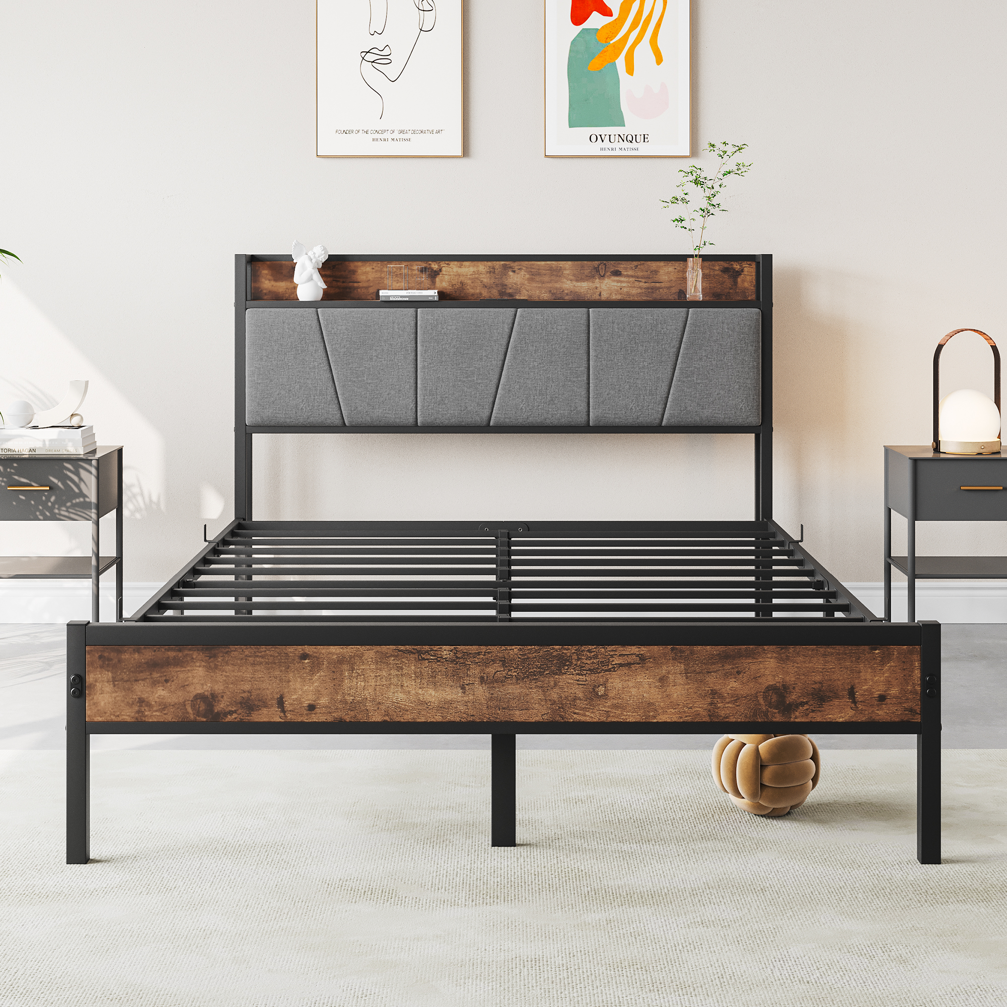 Full Size Bed Frame, Storage Headboard with Charging Station, Solid and Stable, Noise Free, No Box Spring Needed, Easy Assembly,Vintage Brown and Gray Full Size Bed Frame, Storage Headboard with Charging Station, Solid and Stable, Noise Free, No Box Spring Needed, Easy Assembly,Vintage Brown and Gray