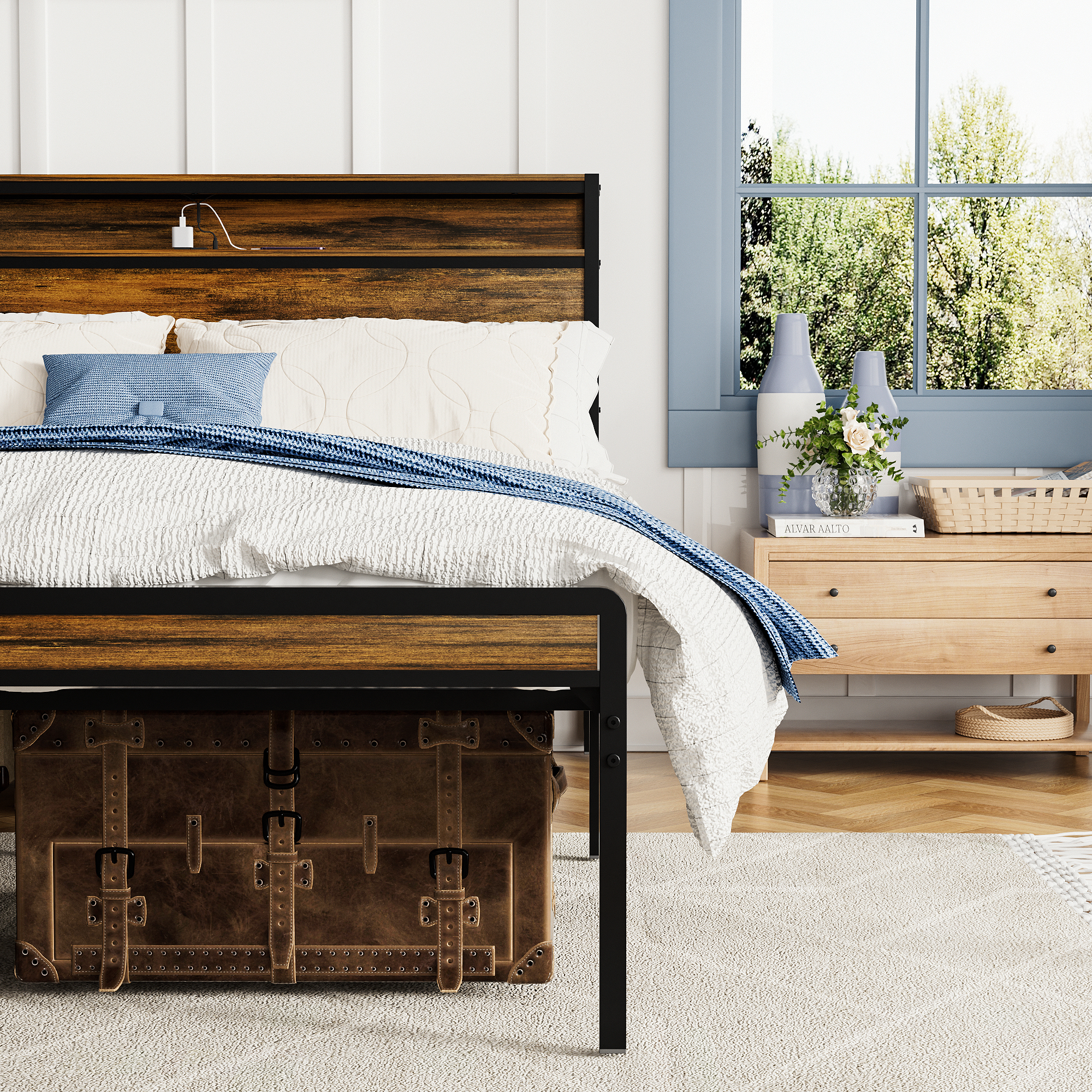 Queen Size Bed Frame, Storage Headboard with LED light, Charging Station, Solid and Stable, Noise Free, No Box Spring Needed, Easy Assembly, Vintage Brown Queen Size Bed Frame, Storage Headboard with LED light, Charging Station, Solid and Stable, Noise Free, No Box Spring Needed, Easy Assembly, Vintage Brown