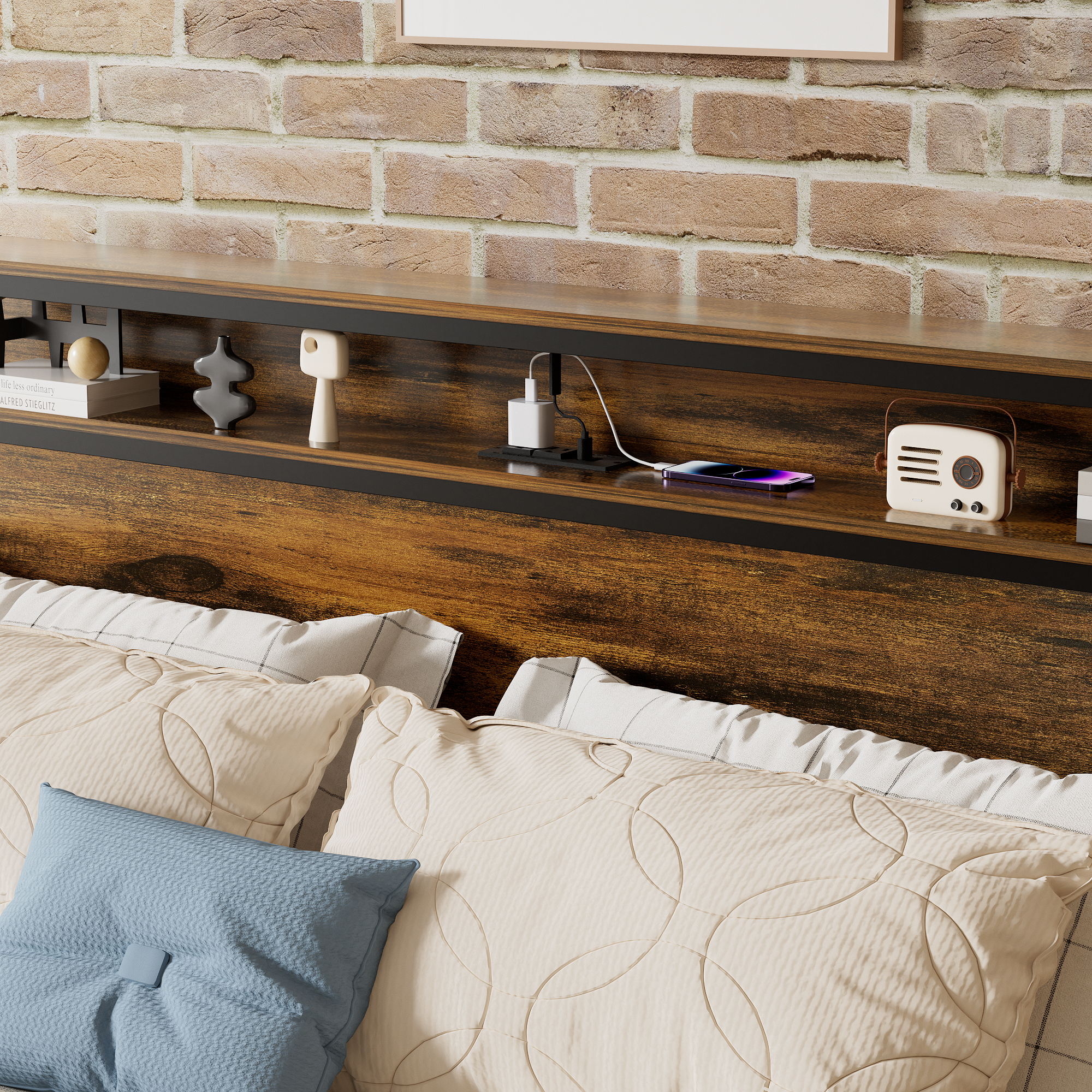 Queen Size Bed Frame, Storage Headboard with LED light, Charging Station, Solid and Stable, Noise Free, No Box Spring Needed, Easy Assembly, Vintage Brown Queen Size Bed Frame, Storage Headboard with LED light, Charging Station, Solid and Stable, Noise Free, No Box Spring Needed, Easy Assembly, Vintage Brown