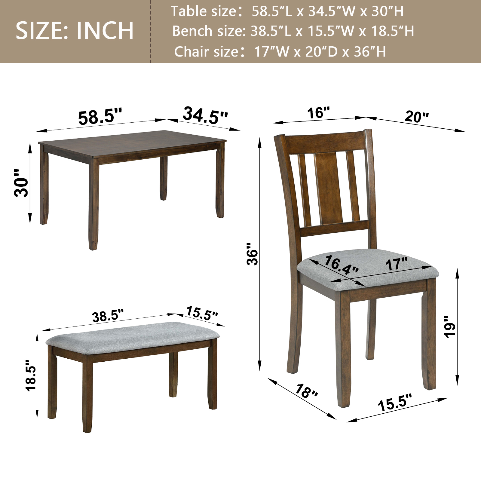 6 Piece Kitchen Dining Set, Rectangular Wooden Dining Table with 4 Upholstered Chairs and a Bench, Dining Table Set for 6 People, Living Room, Home Bar and Kitchen, Walnut 6 Piece Kitchen Dining Set, Rectangular Wooden Dining Table with 4 Upholstered Chairs and a Bench, Dining Table Set for 6 People, Living Room, Home Bar and Kitchen, Walnut