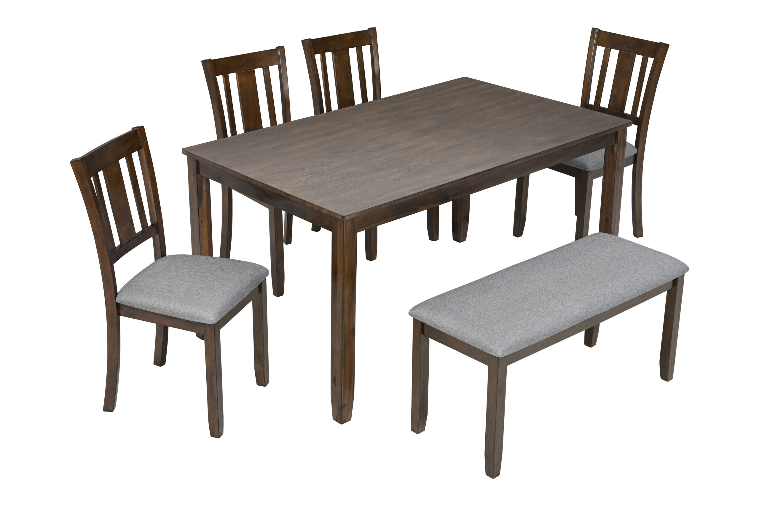 6 Piece Kitchen Dining Set, Rectangular Wooden Dining Table with 4 Upholstered Chairs and a Bench, Dining Table Set for 6 People, Living Room, Home Bar and Kitchen, Walnut 6 Piece Kitchen Dining Set, Rectangular Wooden Dining Table with 4 Upholstered Chairs and a Bench, Dining Table Set for 6 People, Living Room, Home Bar and Kitchen, Walnut