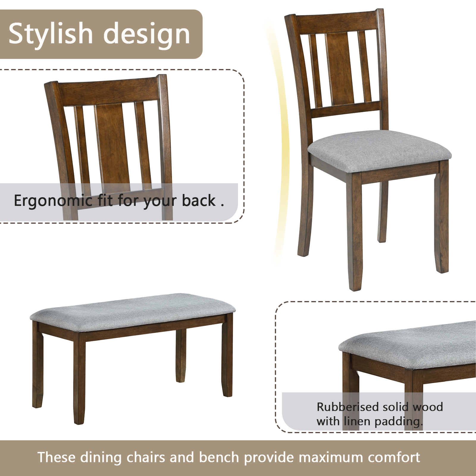 6 Piece Kitchen Dining Set, Rectangular Wooden Dining Table with 4 Upholstered Chairs and a Bench, Dining Table Set for 6 People, Living Room, Home Bar and Kitchen, Walnut 6 Piece Kitchen Dining Set, Rectangular Wooden Dining Table with 4 Upholstered Chairs and a Bench, Dining Table Set for 6 People, Living Room, Home Bar and Kitchen, Walnut
