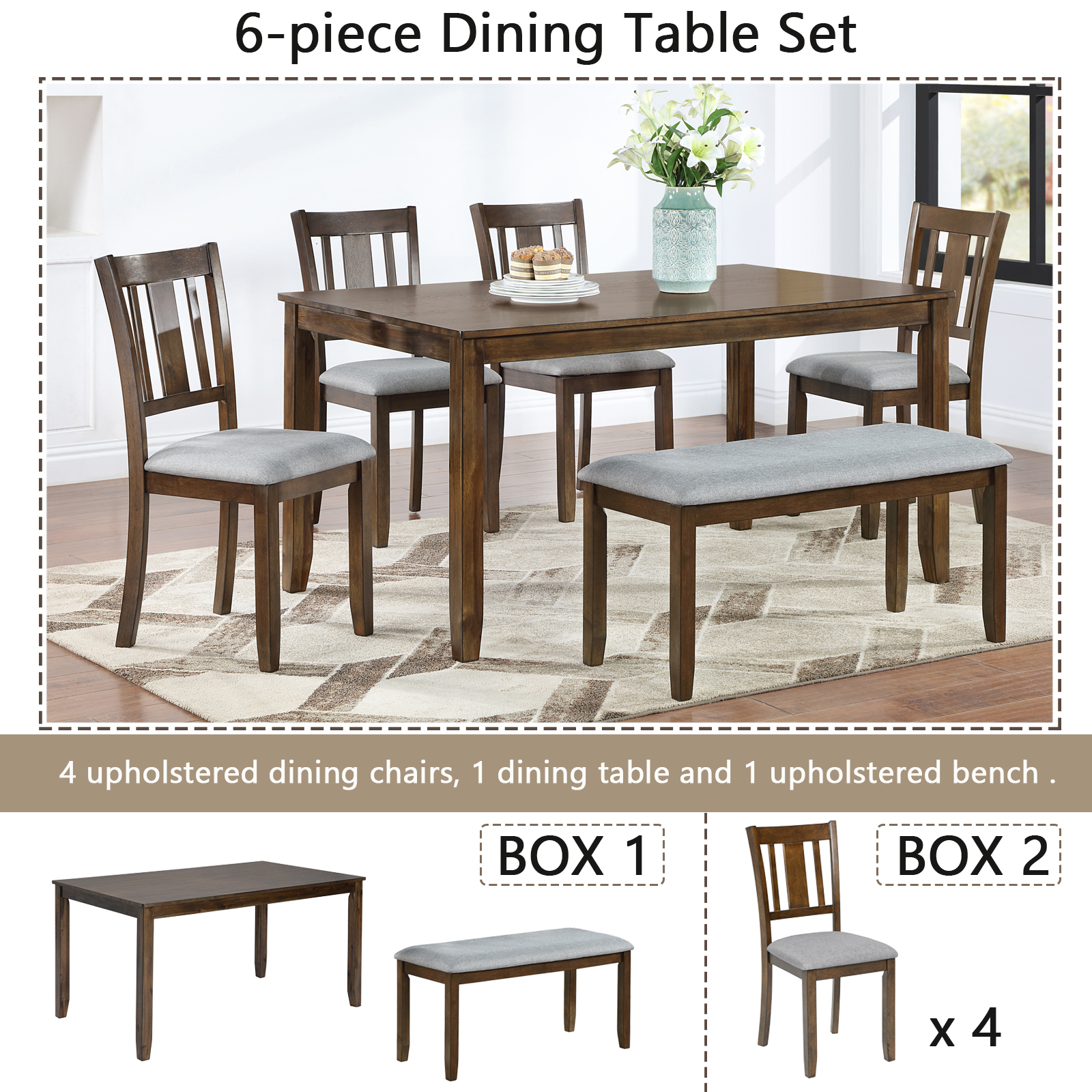 6 Piece Kitchen Dining Set, Rectangular Wooden Dining Table with 4 Upholstered Chairs and a Bench, Dining Table Set for 6 People, Living Room, Home Bar and Kitchen, Walnut 6 Piece Kitchen Dining Set, Rectangular Wooden Dining Table with 4 Upholstered Chairs and a Bench, Dining Table Set for 6 People, Living Room, Home Bar and Kitchen, Walnut