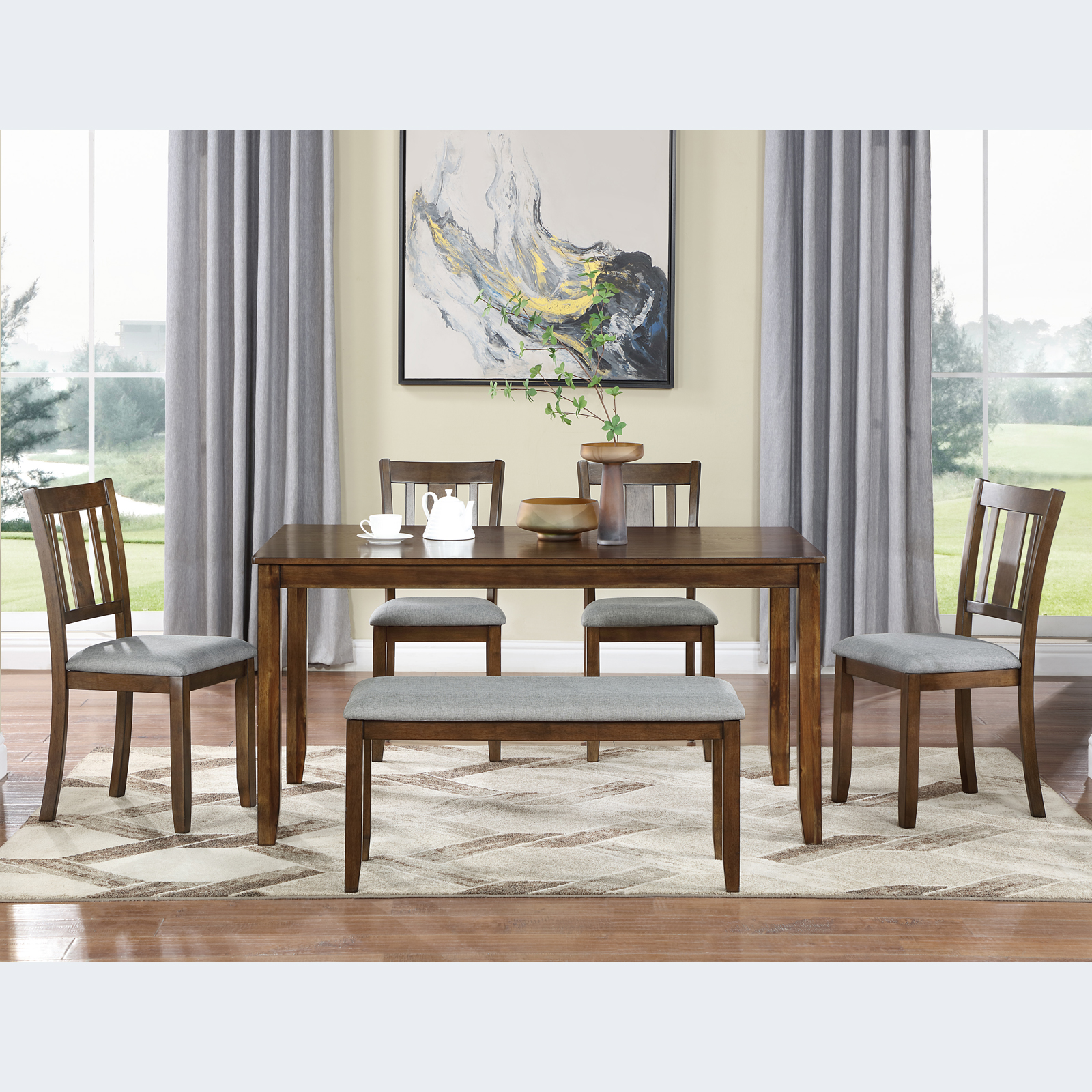 6 Piece Kitchen Dining Set, Rectangular Wooden Dining Table with 4 Upholstered Chairs and a Bench, Dining Table Set for 6 People, Living Room, Home Bar and Kitchen, Walnut 6 Piece Kitchen Dining Set, Rectangular Wooden Dining Table with 4 Upholstered Chairs and a Bench, Dining Table Set for 6 People, Living Room, Home Bar and Kitchen, Walnut