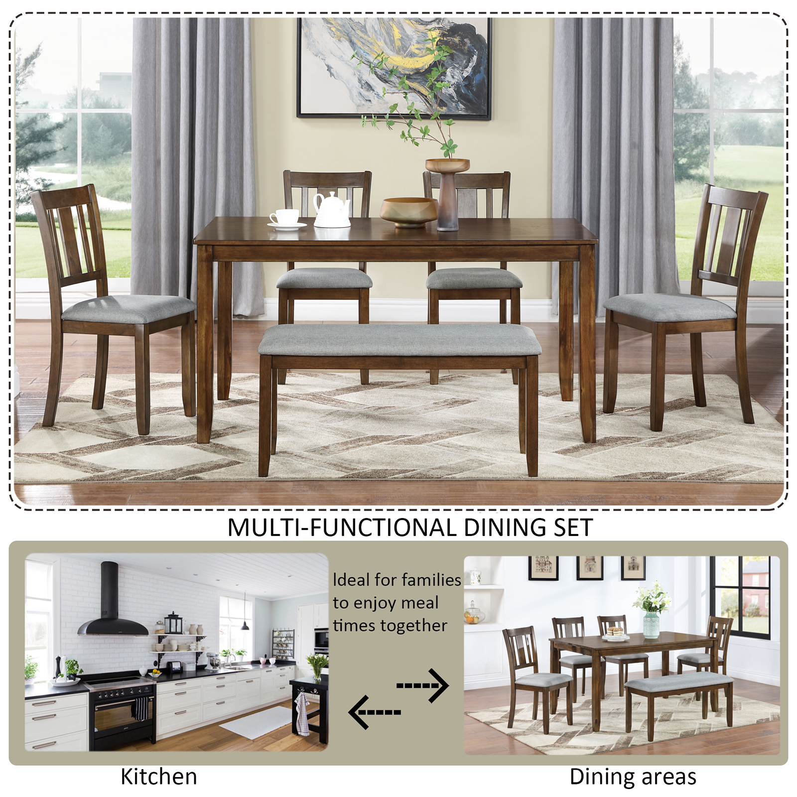 6 Piece Kitchen Dining Set, Rectangular Wooden Dining Table with 4 Upholstered Chairs and a Bench, Dining Table Set for 6 People, Living Room, Home Bar and Kitchen, Walnut 6 Piece Kitchen Dining Set, Rectangular Wooden Dining Table with 4 Upholstered Chairs and a Bench, Dining Table Set for 6 People, Living Room, Home Bar and Kitchen, Walnut