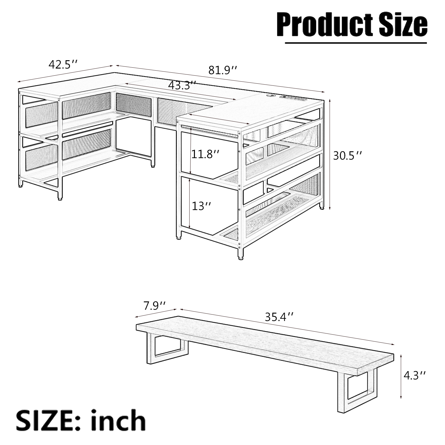 U Shaped Desk with Power Outlets & LED Strip & Monitor Stand, L Shaped Desk with Storage Shelf, Home Office Gaming Desk, Vintage U Shaped Desk with Power Outlets & LED Strip & Monitor Stand, L Shaped Desk with Storage Shelf, Home Office Gaming Desk, Vintage
