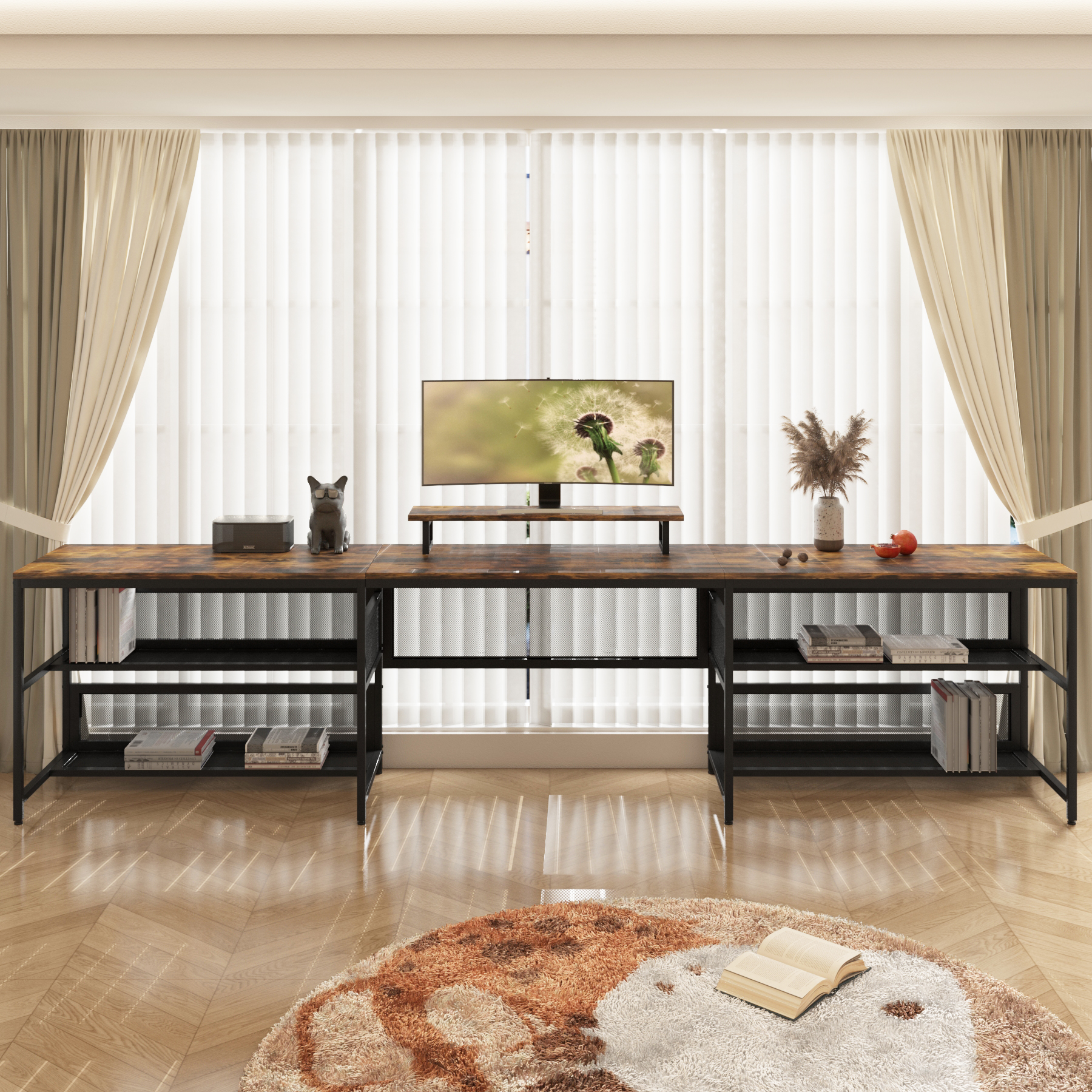 U Shaped Desk with Power Outlets & LED Strip & Monitor Stand, L Shaped Desk with Storage Shelf, Home Office Gaming Desk, Vintage U Shaped Desk with Power Outlets & LED Strip & Monitor Stand, L Shaped Desk with Storage Shelf, Home Office Gaming Desk, Vintage