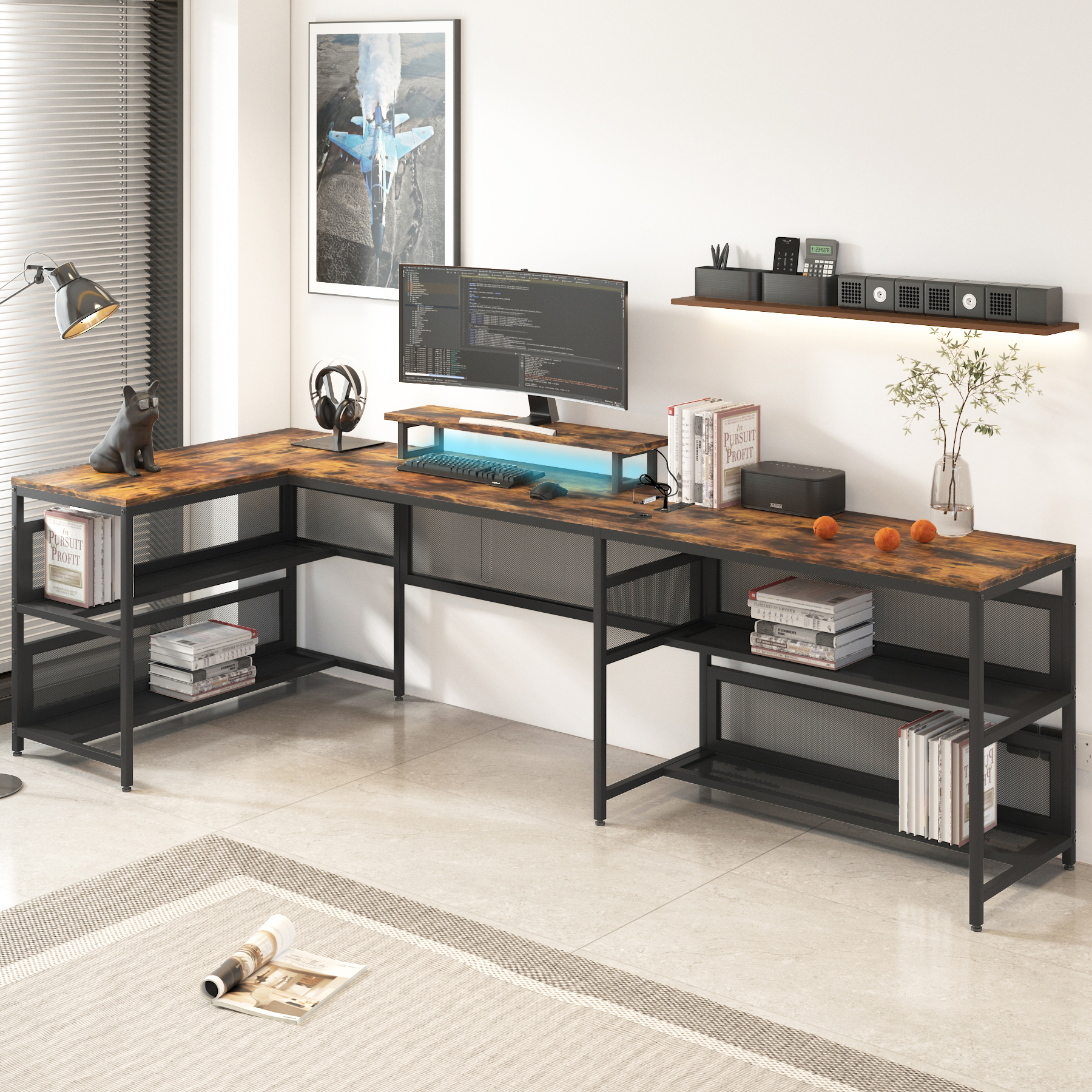 U Shaped Desk with Power Outlets & LED Strip & Monitor Stand, L Shaped Desk with Storage Shelf, Home Office Gaming Desk, Vintage U Shaped Desk with Power Outlets & LED Strip & Monitor Stand, L Shaped Desk with Storage Shelf, Home Office Gaming Desk, Vintage