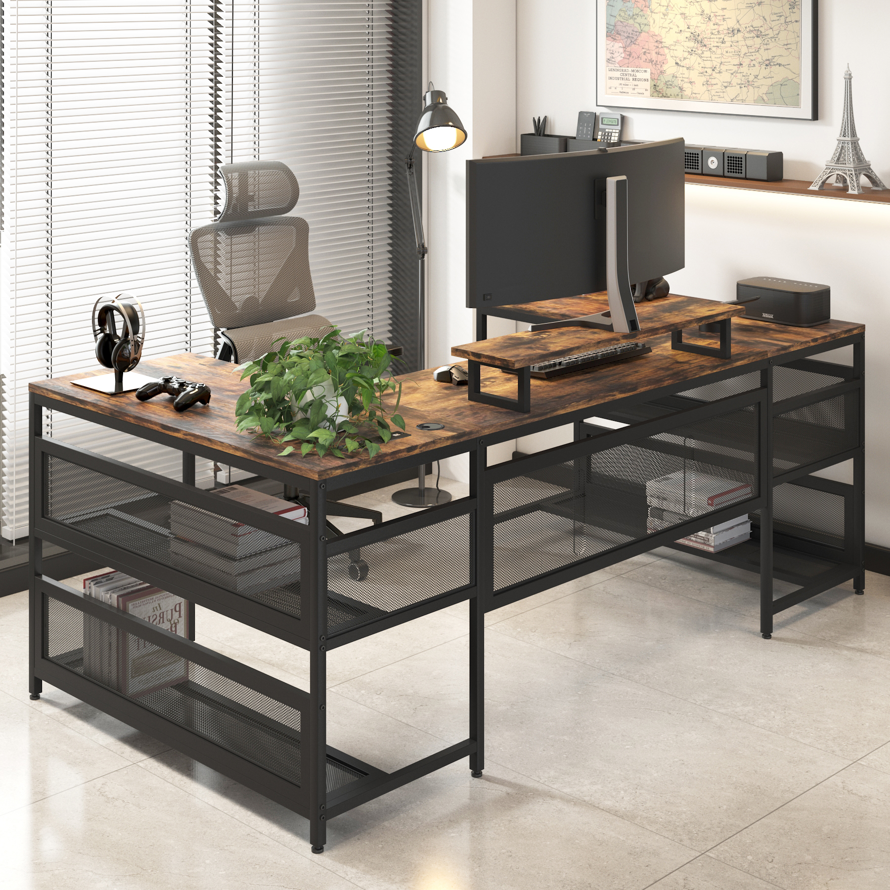 U Shaped Desk with Power Outlets & LED Strip & Monitor Stand, L Shaped Desk with Storage Shelf, Home Office Gaming Desk, Vintage U Shaped Desk with Power Outlets & LED Strip & Monitor Stand, L Shaped Desk with Storage Shelf, Home Office Gaming Desk, Vintage