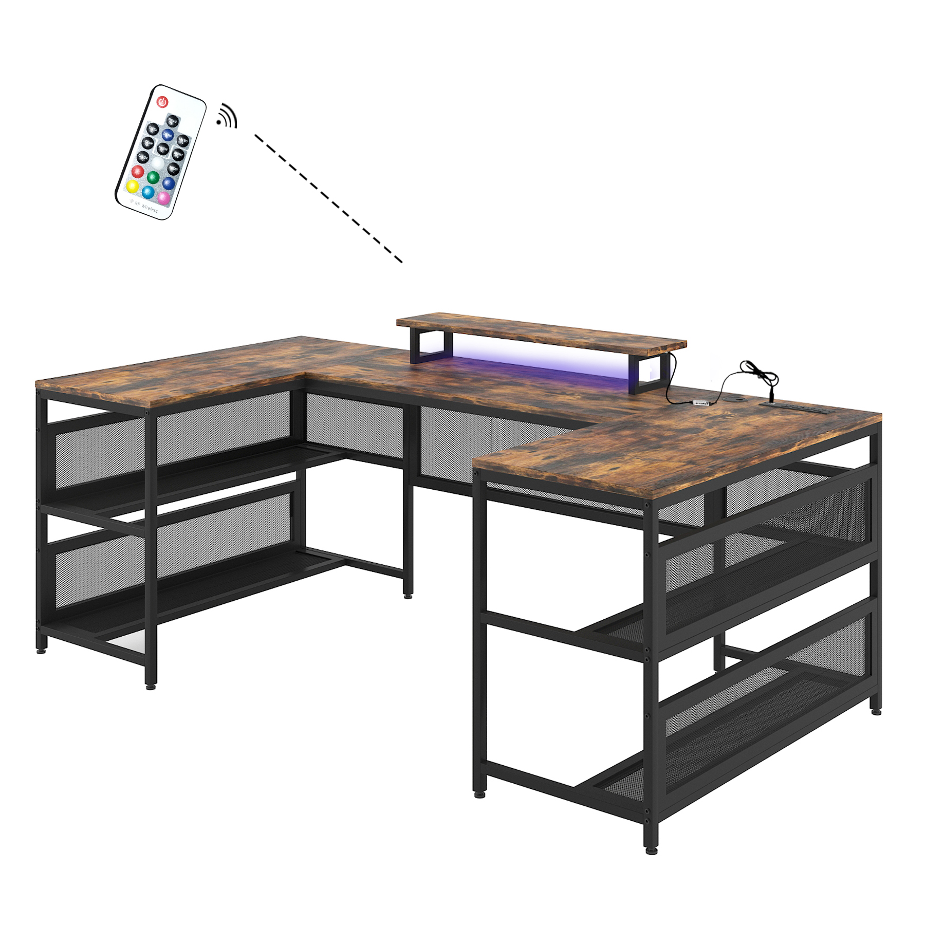 U Shaped Desk with Power Outlets & LED Strip & Monitor Stand, L Shaped Desk with Storage Shelf, Home Office Gaming Desk, Vintage U Shaped Desk with Power Outlets & LED Strip & Monitor Stand, L Shaped Desk with Storage Shelf, Home Office Gaming Desk, Vintage