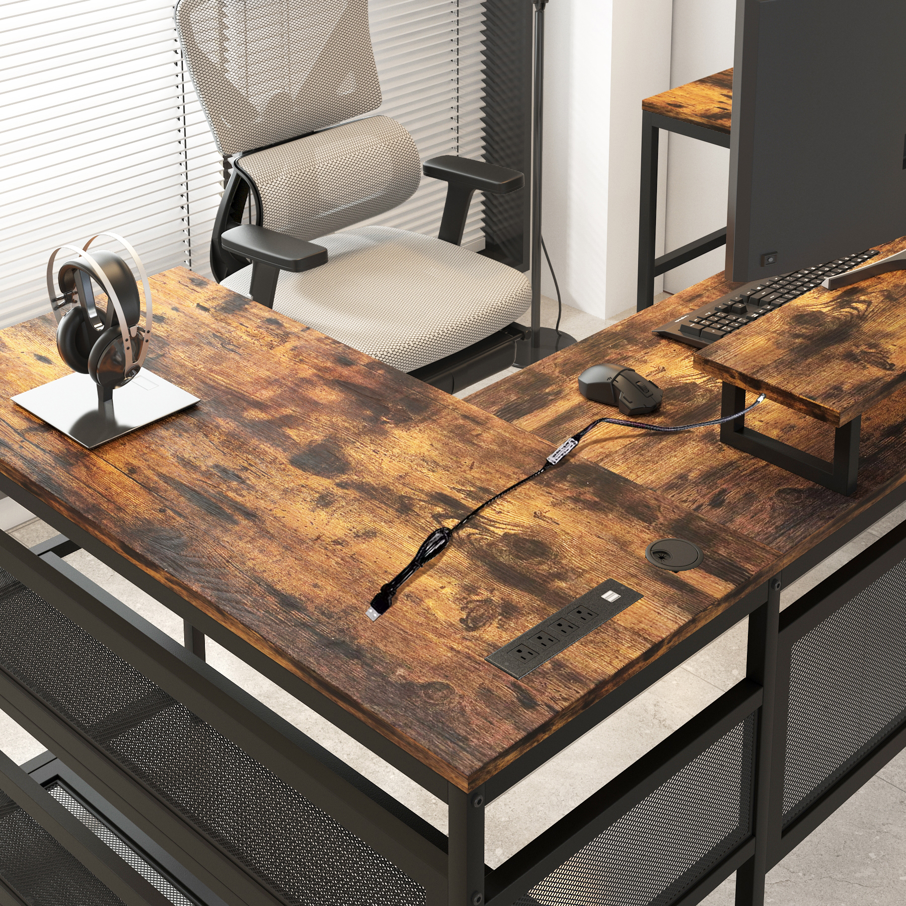 U Shaped Desk with Power Outlets & LED Strip & Monitor Stand, L Shaped Desk with Storage Shelf, Home Office Gaming Desk, Vintage U Shaped Desk with Power Outlets & LED Strip & Monitor Stand, L Shaped Desk with Storage Shelf, Home Office Gaming Desk, Vintage