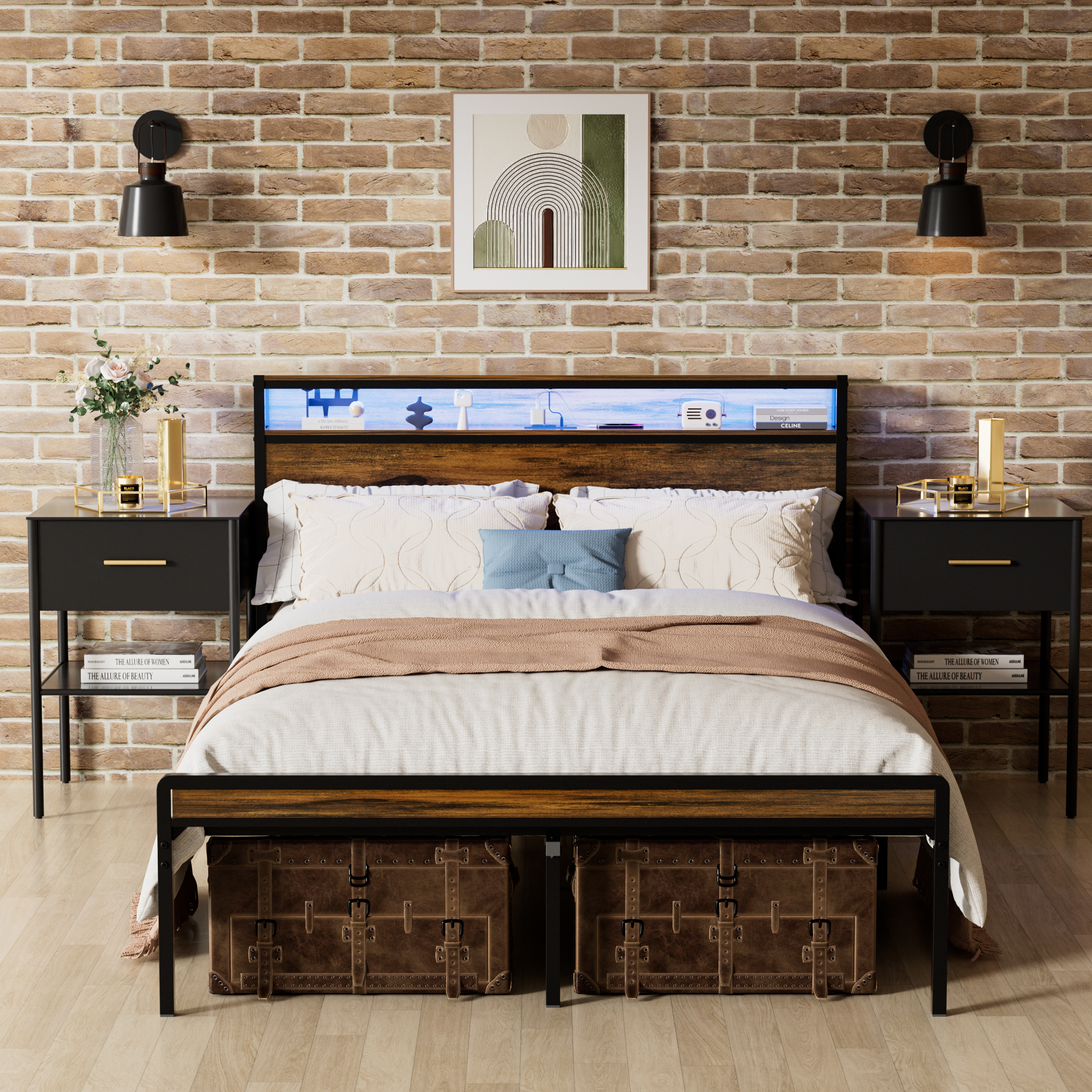Queen Size Bed Frame, Storage Headboard with LED light, Charging Station, Solid and Stable, Noise Free, No Box Spring Needed, Easy Assembly, Vintage Brown Queen Size Bed Frame, Storage Headboard with LED light, Charging Station, Solid and Stable, Noise Free, No Box Spring Needed, Easy Assembly, Vintage Brown