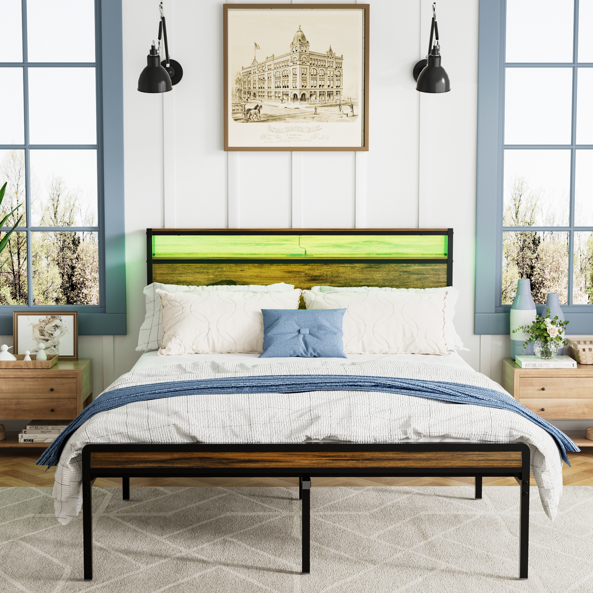 Queen Size Bed Frame, Storage Headboard with LED light, Charging Station, Solid and Stable, Noise Free, No Box Spring Needed, Easy Assembly, Vintage Brown Queen Size Bed Frame, Storage Headboard with LED light, Charging Station, Solid and Stable, Noise Free, No Box Spring Needed, Easy Assembly, Vintage Brown