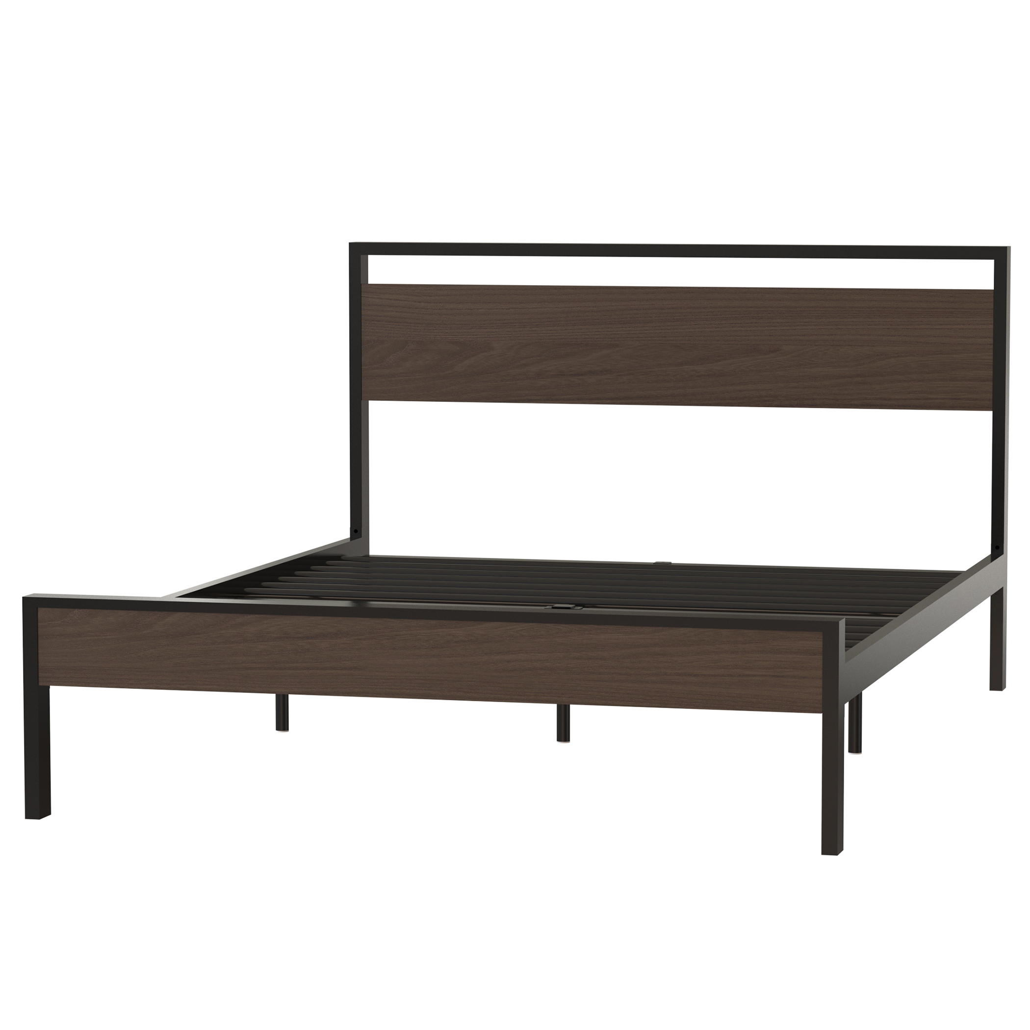Ceres Metal Bed, Black with Walnut Wood Headboard&Footboard, Queen Ceres Metal Bed, Black with Walnut Wood Headboard&Footboard, Queen