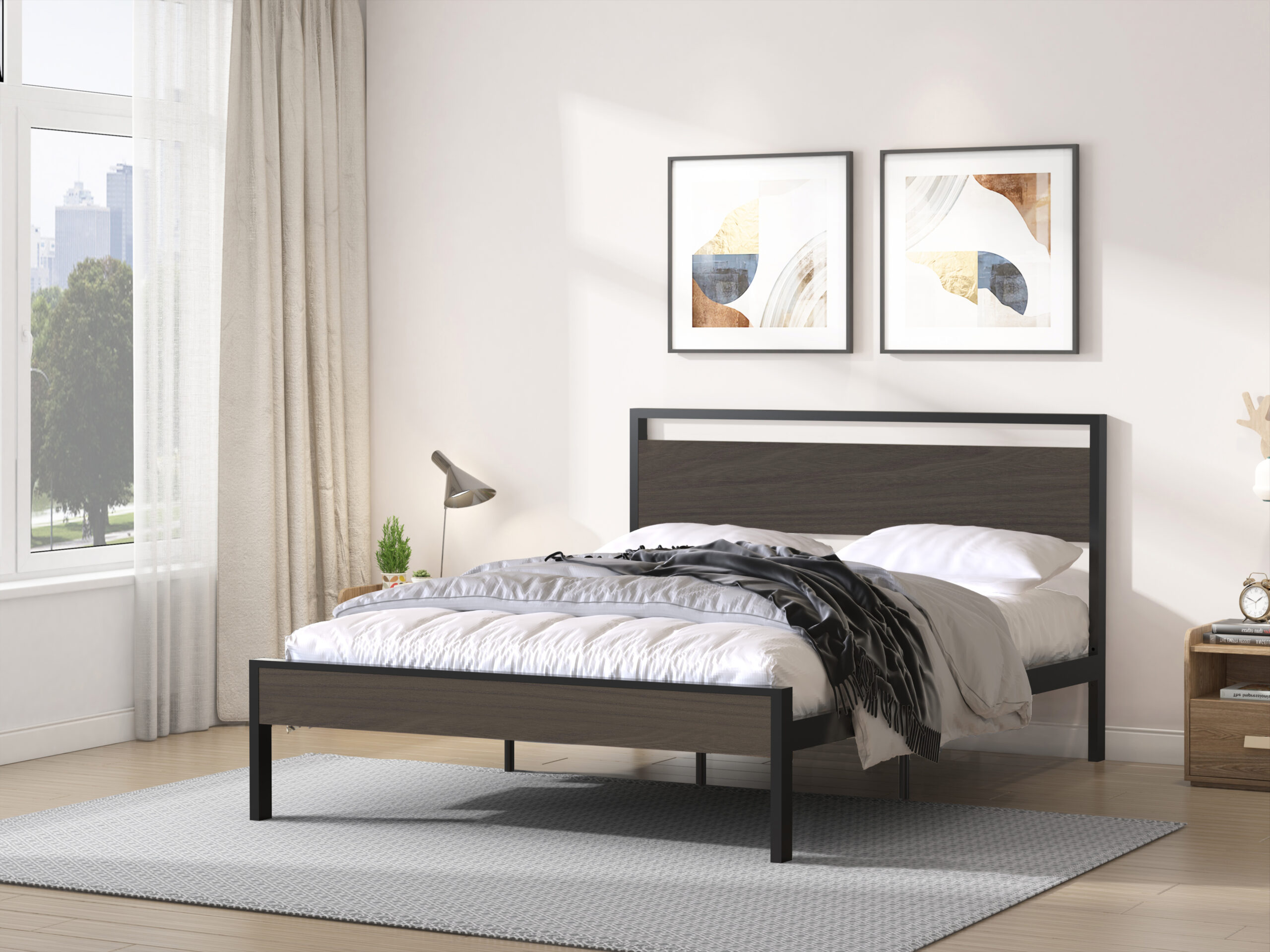 Ceres Metal Bed, Black with Walnut Wood Headboard&Footboard, Queen Ceres Metal Bed, Black with Walnut Wood Headboard&Footboard, Queen