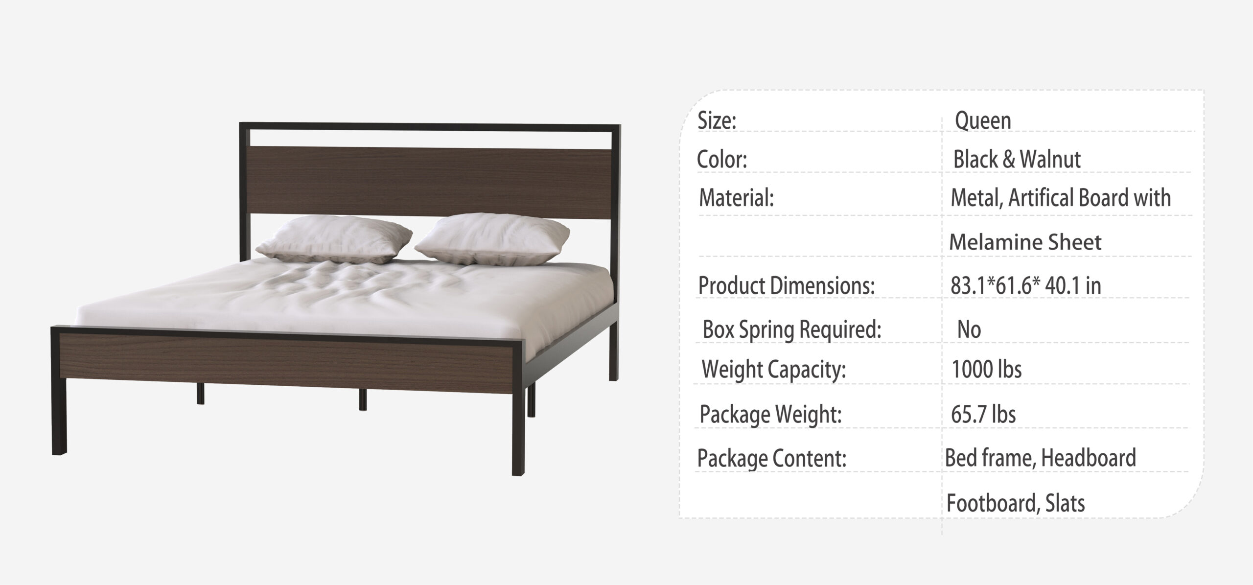 Ceres Metal Bed, Black with Walnut Wood Headboard&Footboard, Queen Ceres Metal Bed, Black with Walnut Wood Headboard&Footboard, Queen