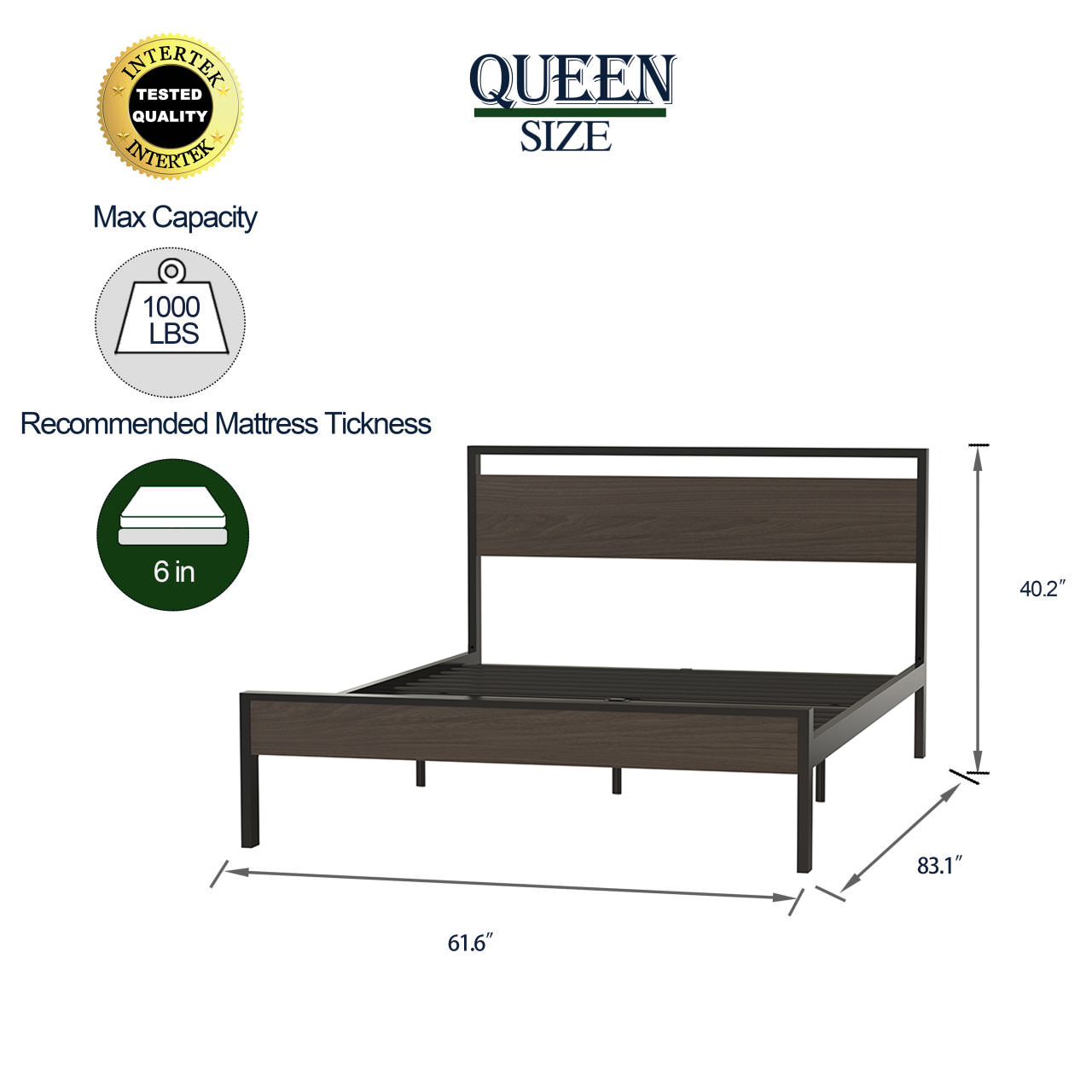 Ceres Metal Bed, Black with Walnut Wood Headboard&Footboard, Queen Ceres Metal Bed, Black with Walnut Wood Headboard&Footboard, Queen