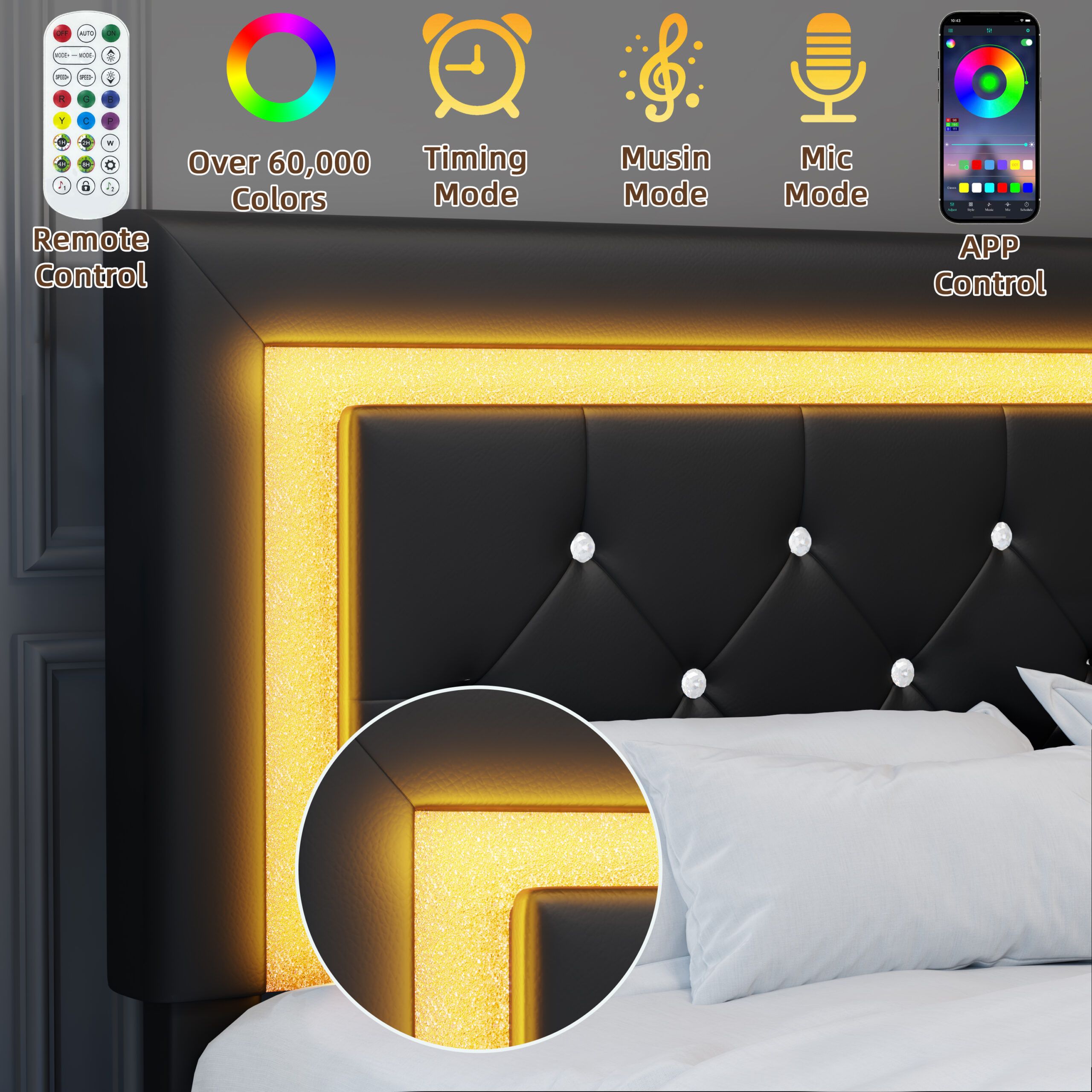 Full Size Bed Frame with Headboard, Floating Bed Frame with LED Lights, Upholstered Platform Bed with Diamond Tufted Headboard, No Box Spring Required, Black Full Size Bed Frame with Headboard, Floating Bed Frame with LED Lights, Upholstered Platform Bed with Diamond Tufted Headboard, No Box Spring Required, Black