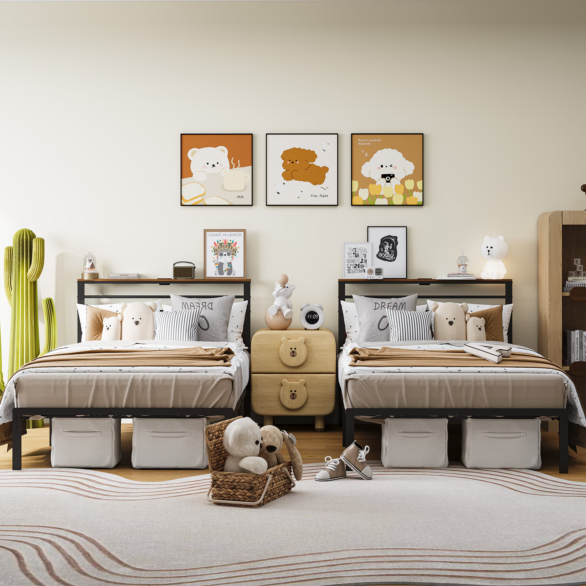 Twin Size Bed Frame with Headboard and Storage Shelf, Metal Bed, Upholstered Wooden Beds with Charging Station, Sturdy Frames for Bedroom Furniture, No Box Spring Needed, Black Twin Size Bed Frame with Headboard and Storage Shelf, Metal Bed, Upholstered Wooden Beds with Charging Station, Sturdy Frames for Bedroom Furniture, No Box Spring Needed, Black