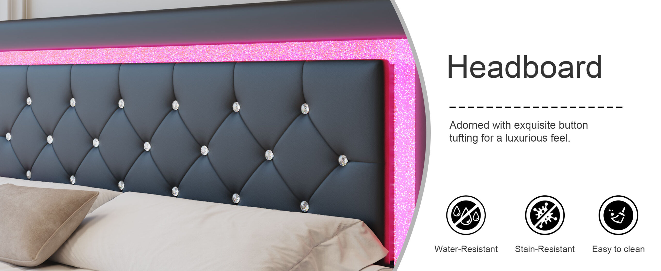 Full Size Bed Frame with Headboard, Floating Bed Frame with LED Lights, Upholstered Platform Bed with Diamond Tufted Headboard, No Box Spring Required, Black Full Size Bed Frame with Headboard, Floating Bed Frame with LED Lights, Upholstered Platform Bed with Diamond Tufted Headboard, No Box Spring Required, Black