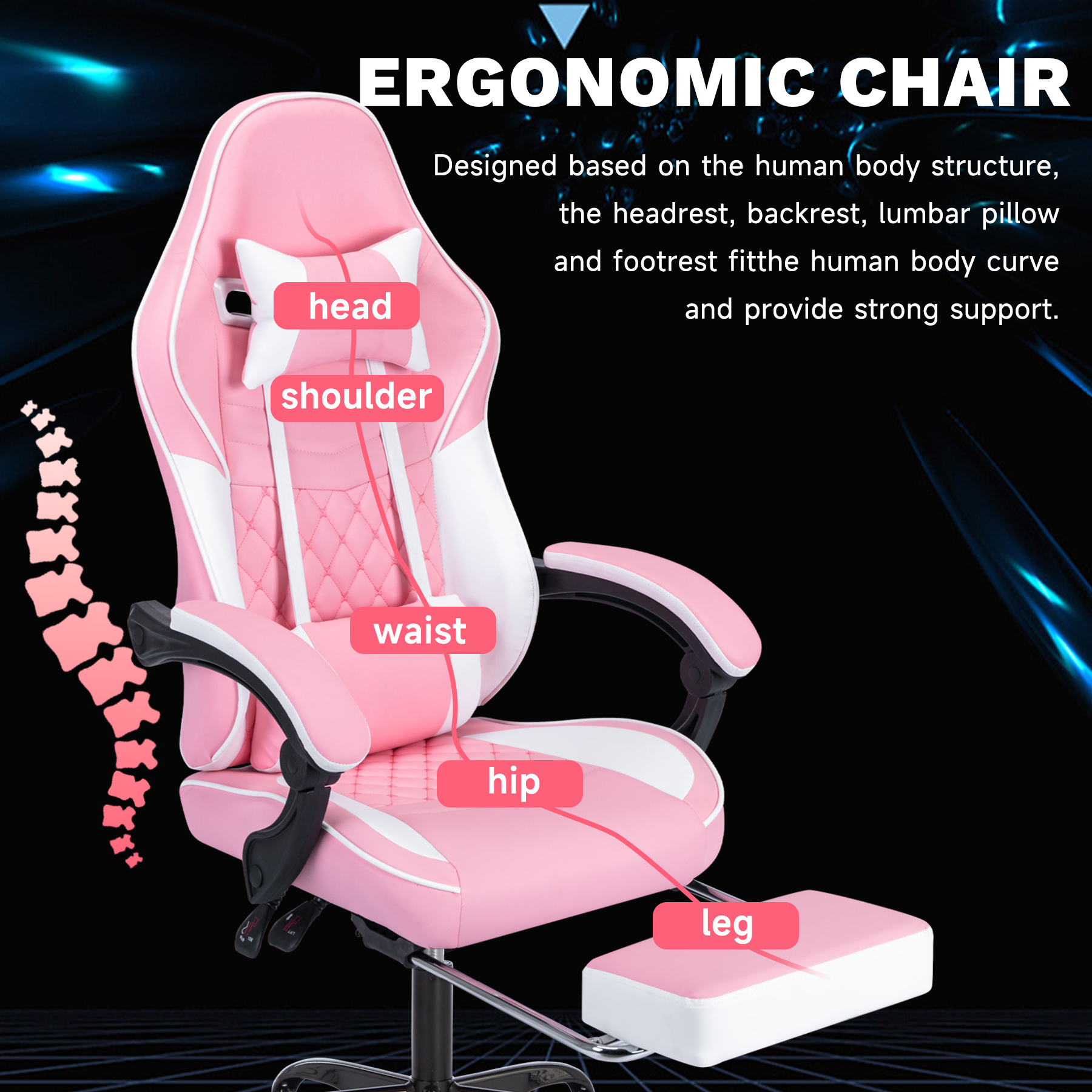 Ergonomic Video Gamer Chairs,Computer Gaming Chairs with Massage Lumbar Support and footrest,Racing Style Computer Chair Adjustable Headrest for Adults,Pink White Ergonomic Video Gamer Chairs,Computer Gaming Chairs with Massage Lumbar Support and footrest,Racing Style Computer Chair Adjustable Headrest for Adults,Pink White