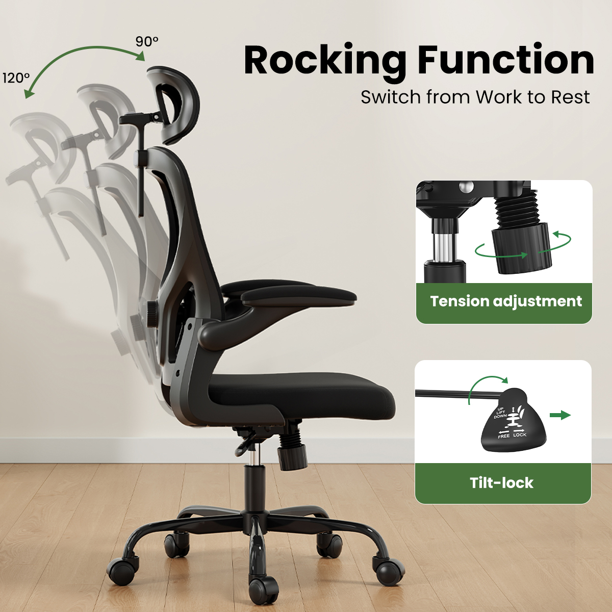 Ergonomic Office Chair, Home Office Desk Chair with Headrest, High Back Computer Chair with Armrests and Adjustable Lumbar Support for Home Office Study Room, Black Ergonomic Office Chair, Home Office Desk Chair with Headrest, High Back Computer Chair with Armrests and Adjustable Lumbar Support for Home Office Study Room, Black