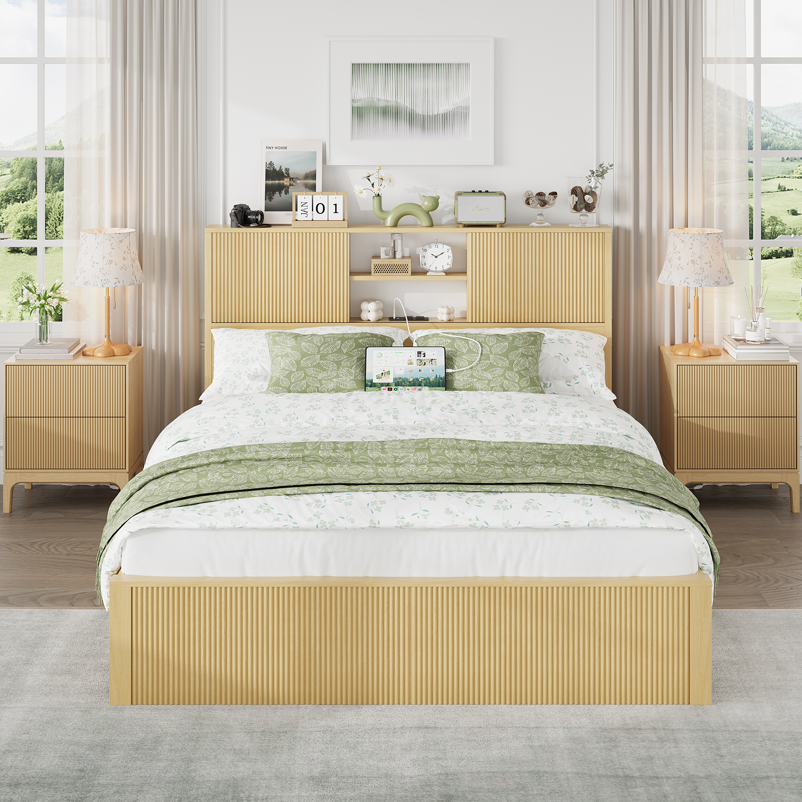 Queen Size Bed Frames with 4 Storage Drawers & 2-Tier Storage Headboards & Built-in USB Ports & Power Outlets, Metal Bed Frames Nox Box Spring Needed, Oak Queen Size Bed Frames with 4 Storage Drawers & 2-Tier Storage Headboards & Built-in USB Ports & Power Outlets, Metal Bed Frames Nox Box Spring Needed, Oak
