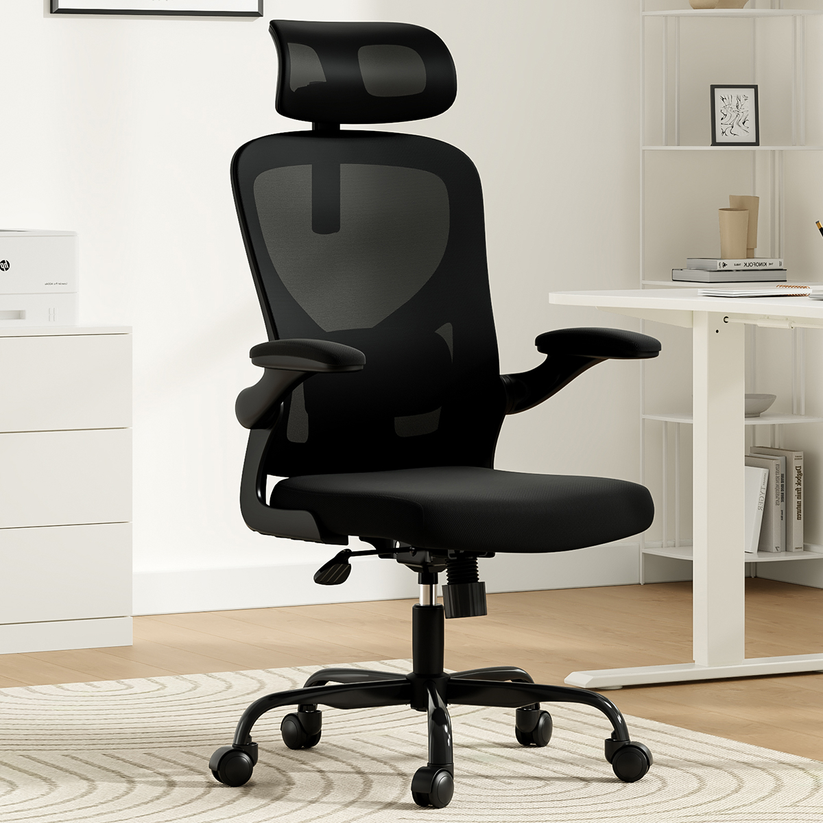Ergonomic Office Chair, Home Office Desk Chair with Headrest, High Back Computer Chair with Armrests and Adjustable Lumbar Support for Home Office Study Room, Black Ergonomic Office Chair, Home Office Desk Chair with Headrest, High Back Computer Chair with Armrests and Adjustable Lumbar Support for Home Office Study Room, Black