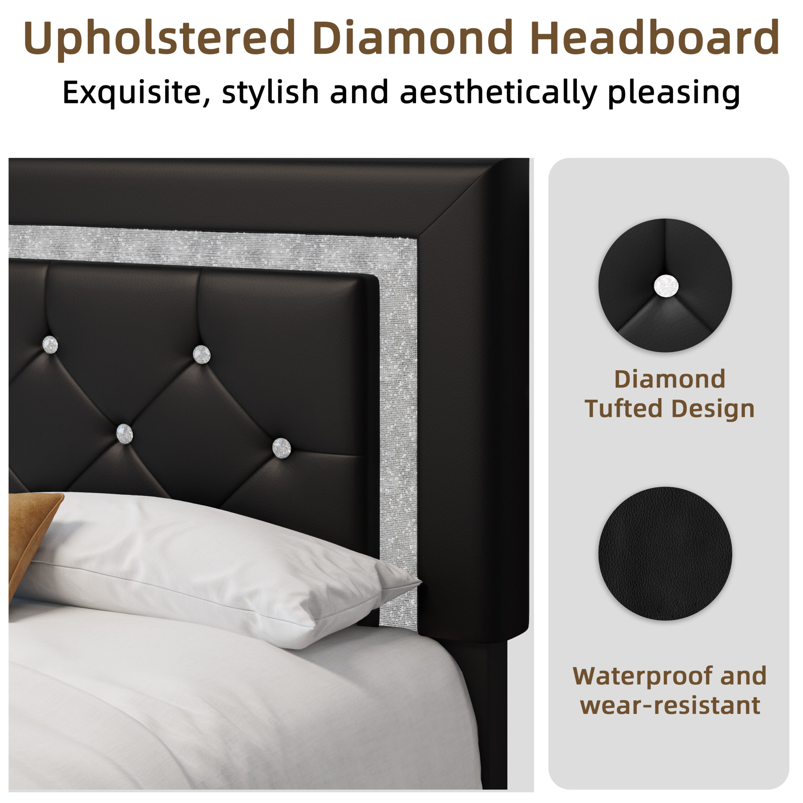Full Size Bed Frame with Headboard, Floating Bed Frame with LED Lights, Upholstered Platform Bed with Diamond Tufted Headboard, No Box Spring Required, Black Full Size Bed Frame with Headboard, Floating Bed Frame with LED Lights, Upholstered Platform Bed with Diamond Tufted Headboard, No Box Spring Required, Black