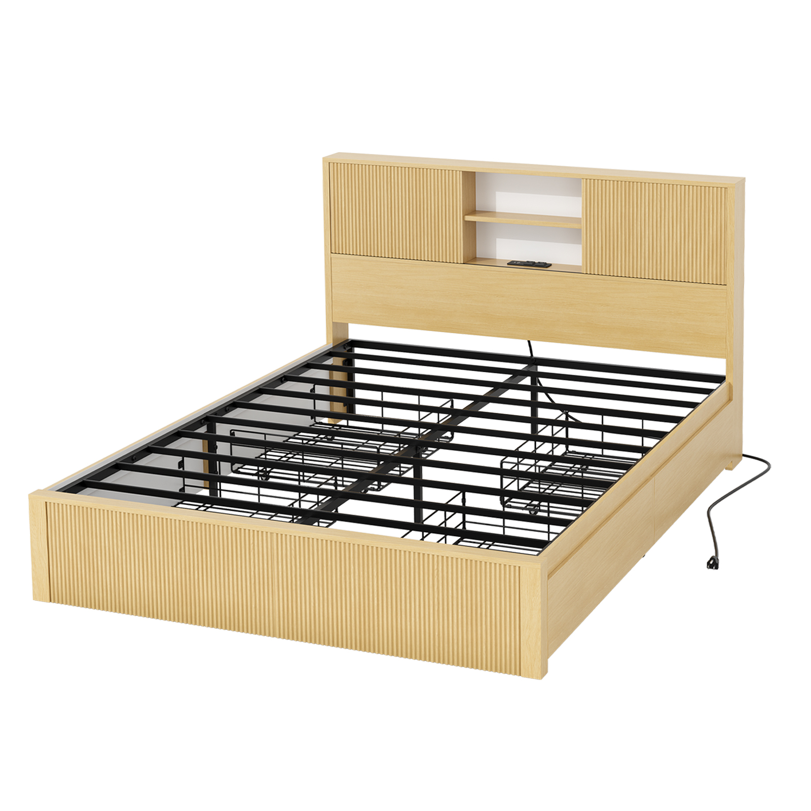 Queen Size Bed Frames with 4 Storage Drawers & 2-Tier Storage Headboards & Built-in USB Ports & Power Outlets, Metal Bed Frames Nox Box Spring Needed, Oak Queen Size Bed Frames with 4 Storage Drawers & 2-Tier Storage Headboards & Built-in USB Ports & Power Outlets, Metal Bed Frames Nox Box Spring Needed, Oak