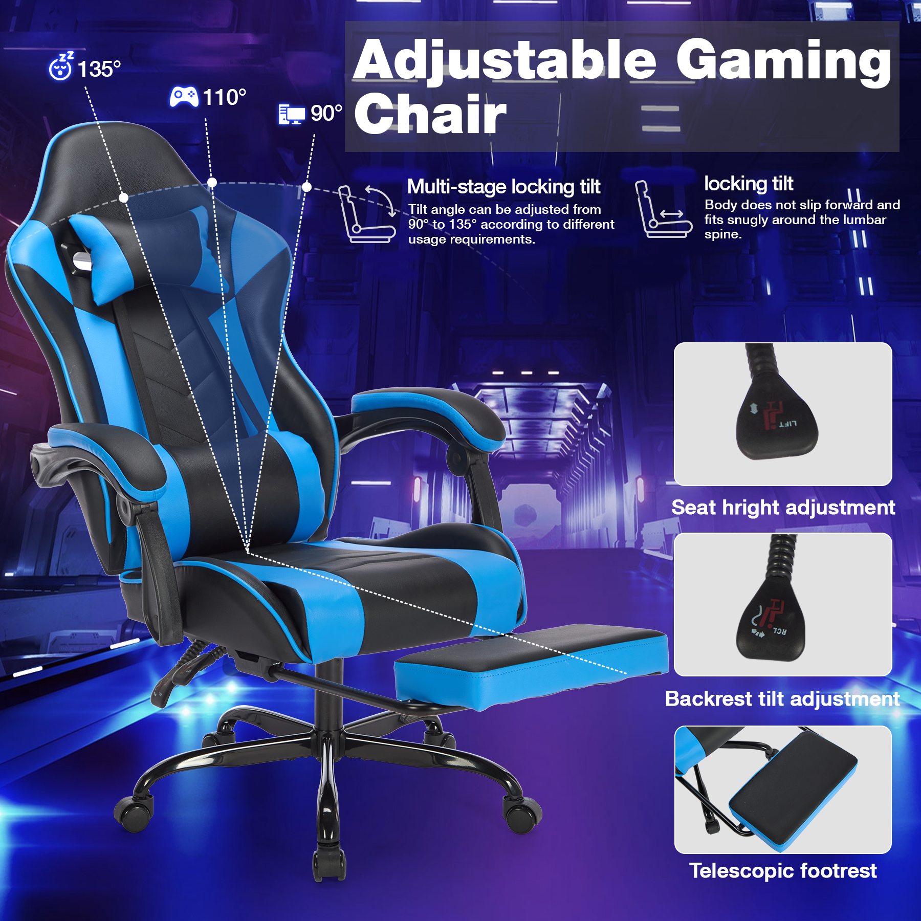 Gaming Chair with Footrest, Ergonomic Computer Chair with Headrest and Lumbar Support, Breathable Material Height Adjustable Video Game Chairs for Adults, Blackblue Gaming Chair with Footrest, Ergonomic Computer Chair with Headrest and Lumbar Support, Breathable Material Height Adjustable Video Game Chairs for Adults, Blackblue