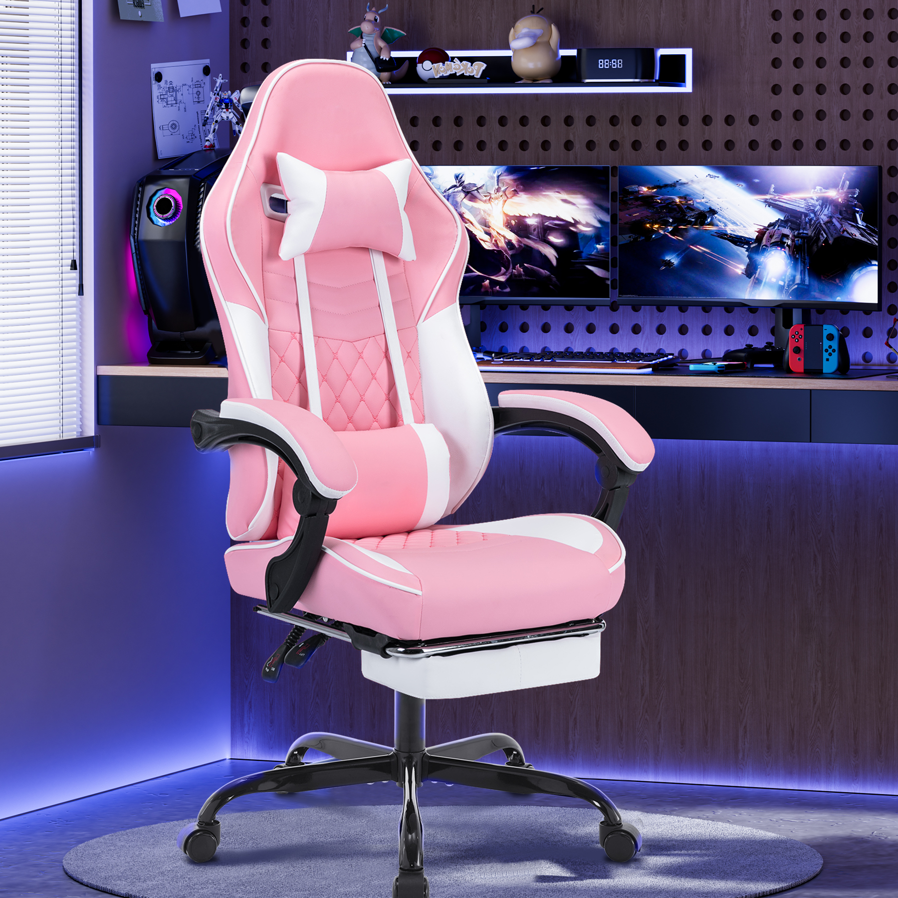 Ergonomic Video Gamer Chairs,Computer Gaming Chairs with Massage Lumbar Support and footrest,Racing Style Computer Chair Adjustable Headrest for Adults,Pink White Ergonomic Video Gamer Chairs,Computer Gaming Chairs with Massage Lumbar Support and footrest,Racing Style Computer Chair Adjustable Headrest for Adults,Pink White