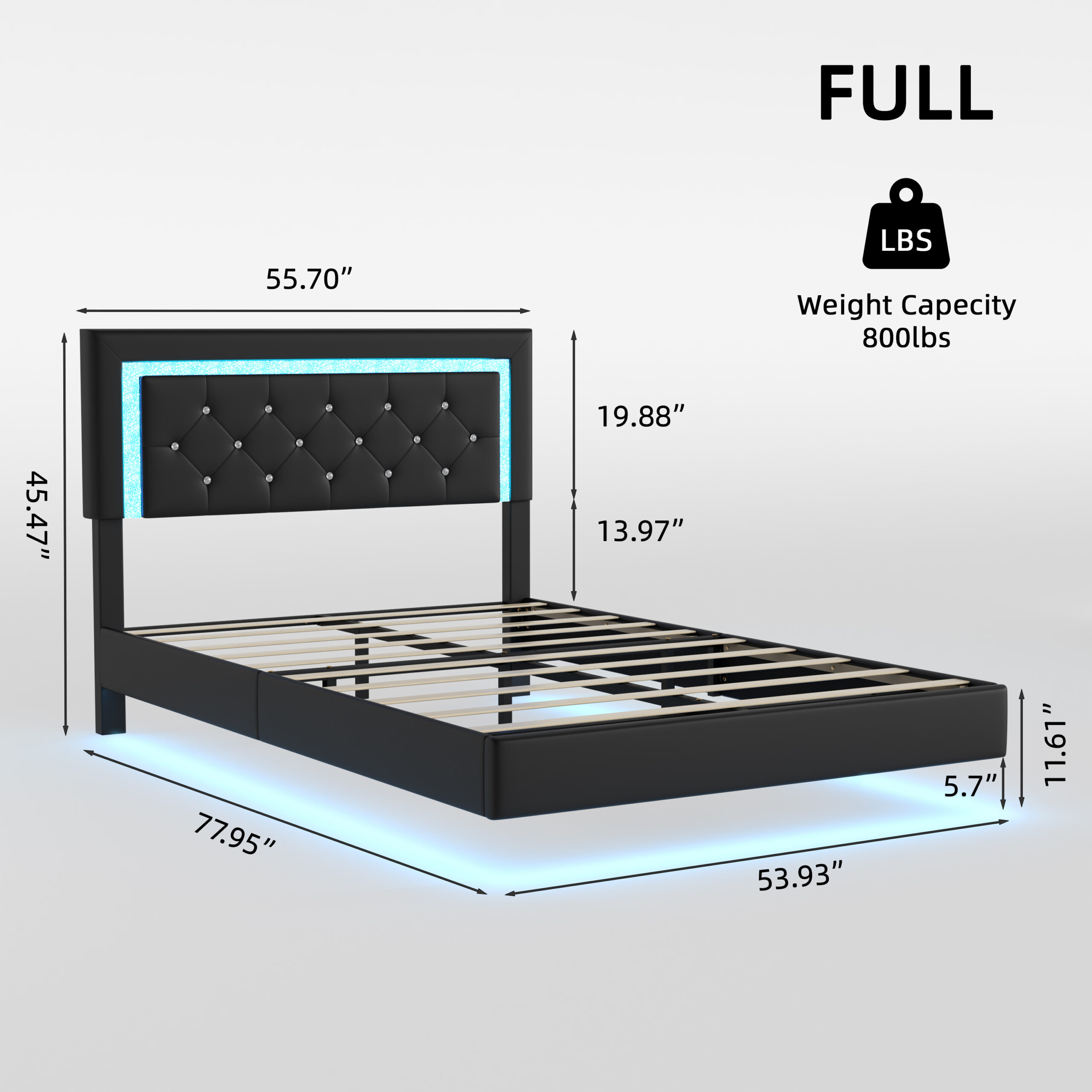 Full Size Bed Frame with Headboard, Floating Bed Frame with LED Lights, Upholstered Platform Bed with Diamond Tufted Headboard, No Box Spring Required, Black Full Size Bed Frame with Headboard, Floating Bed Frame with LED Lights, Upholstered Platform Bed with Diamond Tufted Headboard, No Box Spring Required, Black