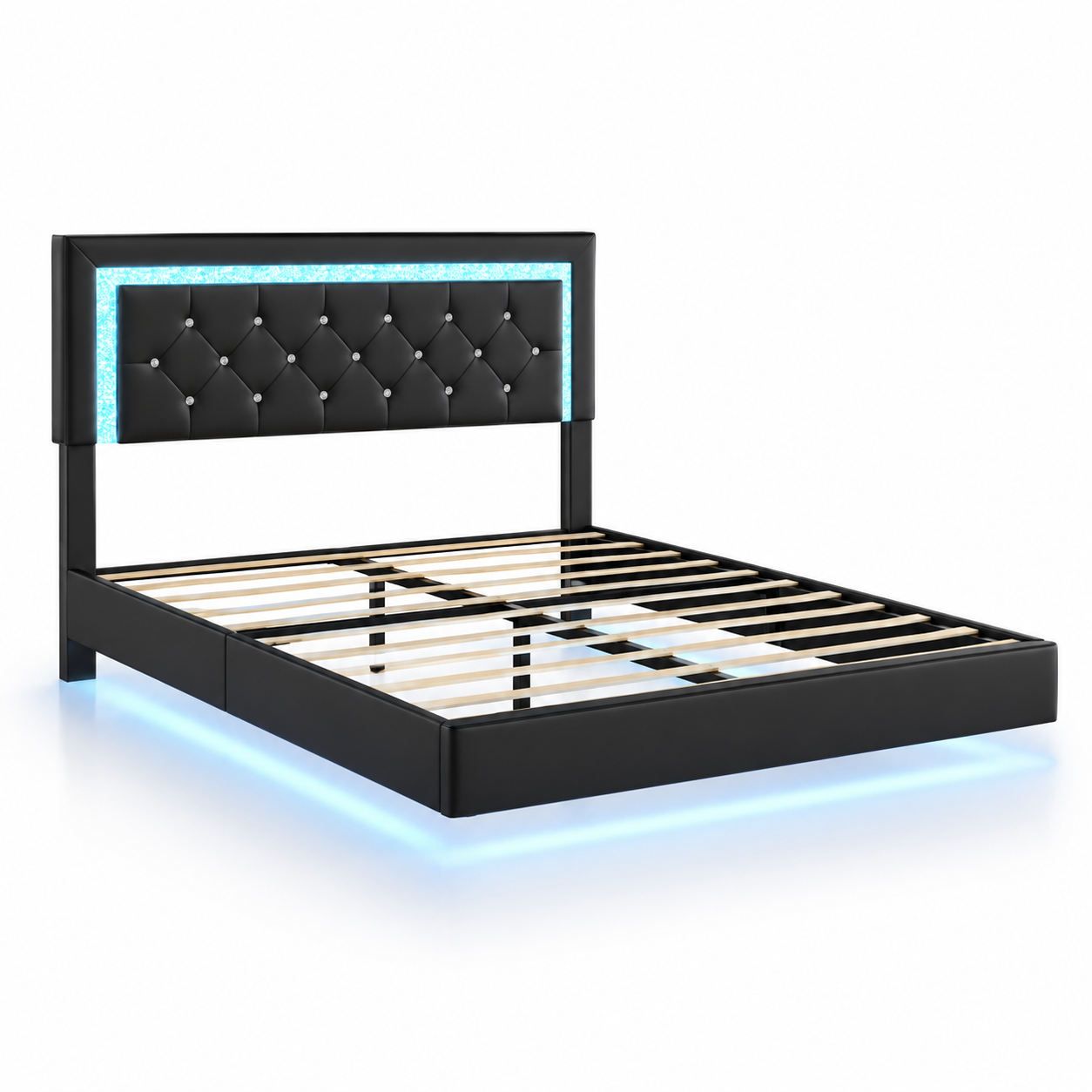 Full Size Bed Frame with Headboard, Floating Bed Frame with LED Lights, Upholstered Platform Bed with Diamond Tufted Headboard, No Box Spring Required, Black Full Size Bed Frame with Headboard, Floating Bed Frame with LED Lights, Upholstered Platform Bed with Diamond Tufted Headboard, No Box Spring Required, Black
