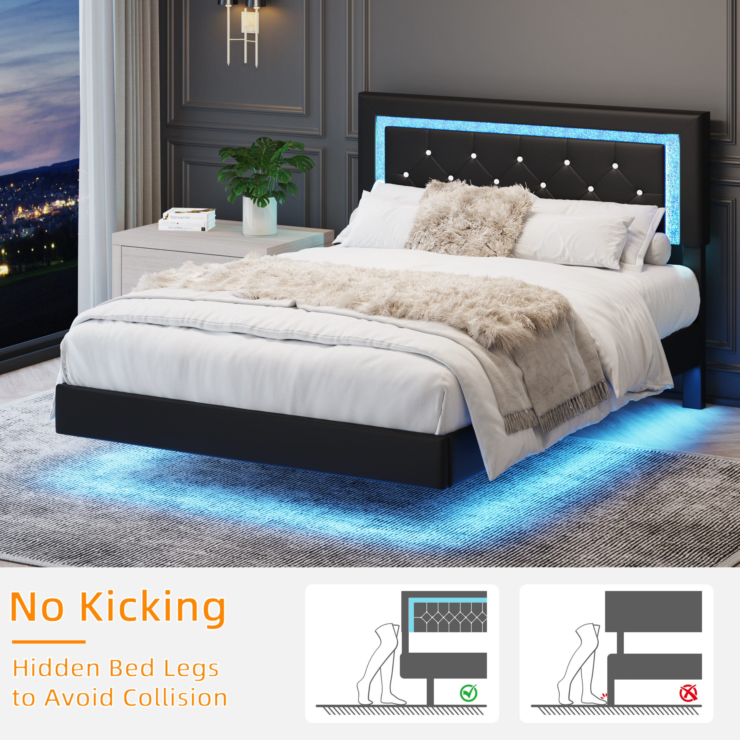 Full Size Bed Frame with Headboard, Floating Bed Frame with LED Lights, Upholstered Platform Bed with Diamond Tufted Headboard, No Box Spring Required, Black Full Size Bed Frame with Headboard, Floating Bed Frame with LED Lights, Upholstered Platform Bed with Diamond Tufted Headboard, No Box Spring Required, Black