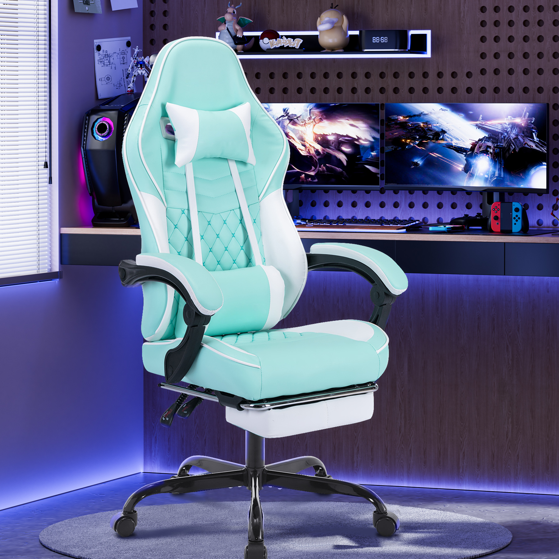 Ergonomic Video Gamer Chairs,Computer Gaming Chairs with Massage Lumbar Support and footrest,Racing Style Computer Chair Adjustable Headrest for Adults,GREEN Ergonomic Video Gamer Chairs,Computer Gaming Chairs with Massage Lumbar Support and footrest,Racing Style Computer Chair Adjustable Headrest for Adults,GREEN