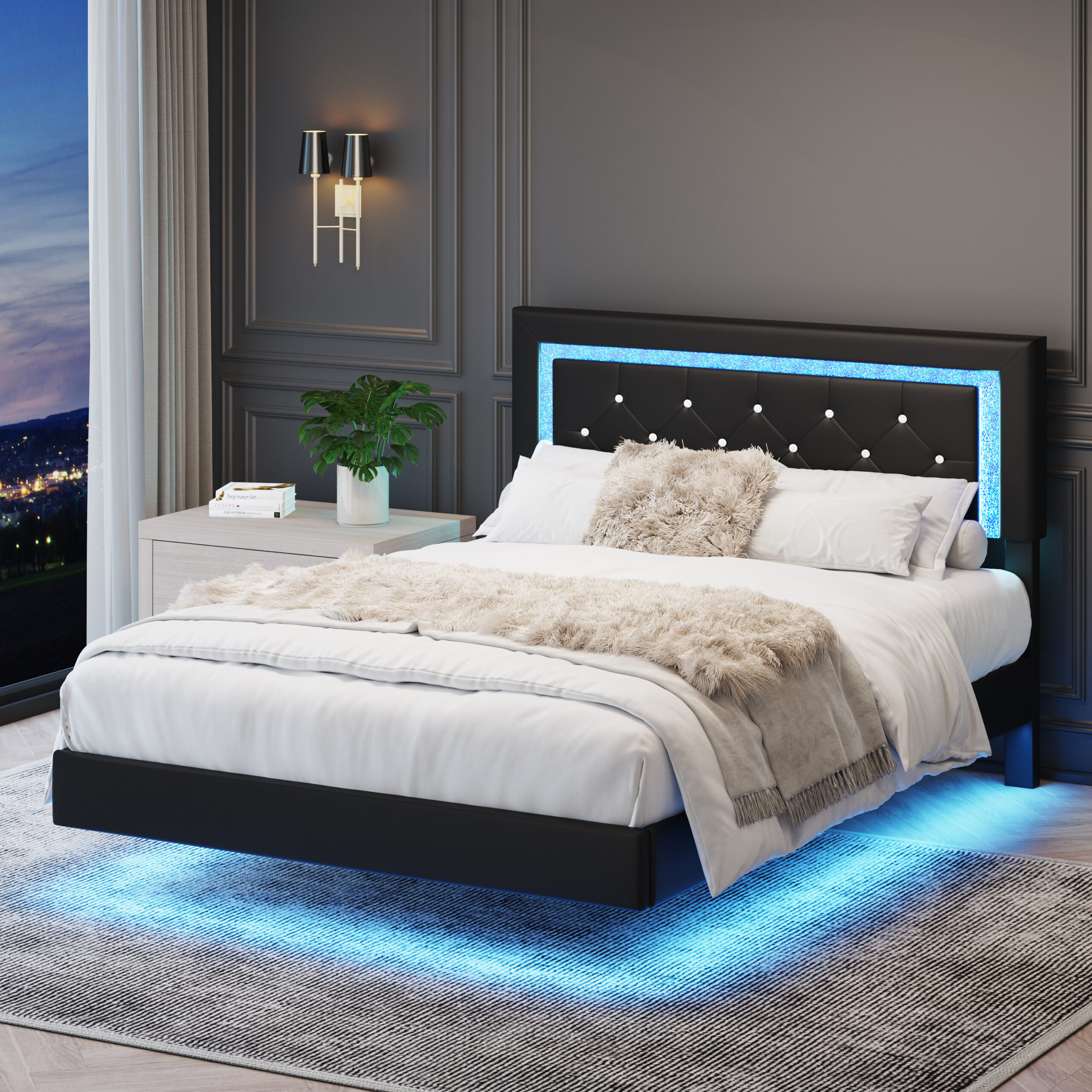 Full Size Bed Frame with Headboard, Floating Bed Frame with LED Lights, Upholstered Platform Bed with Diamond Tufted Headboard, No Box Spring Required, Black Full Size Bed Frame with Headboard, Floating Bed Frame with LED Lights, Upholstered Platform Bed with Diamond Tufted Headboard, No Box Spring Required, Black