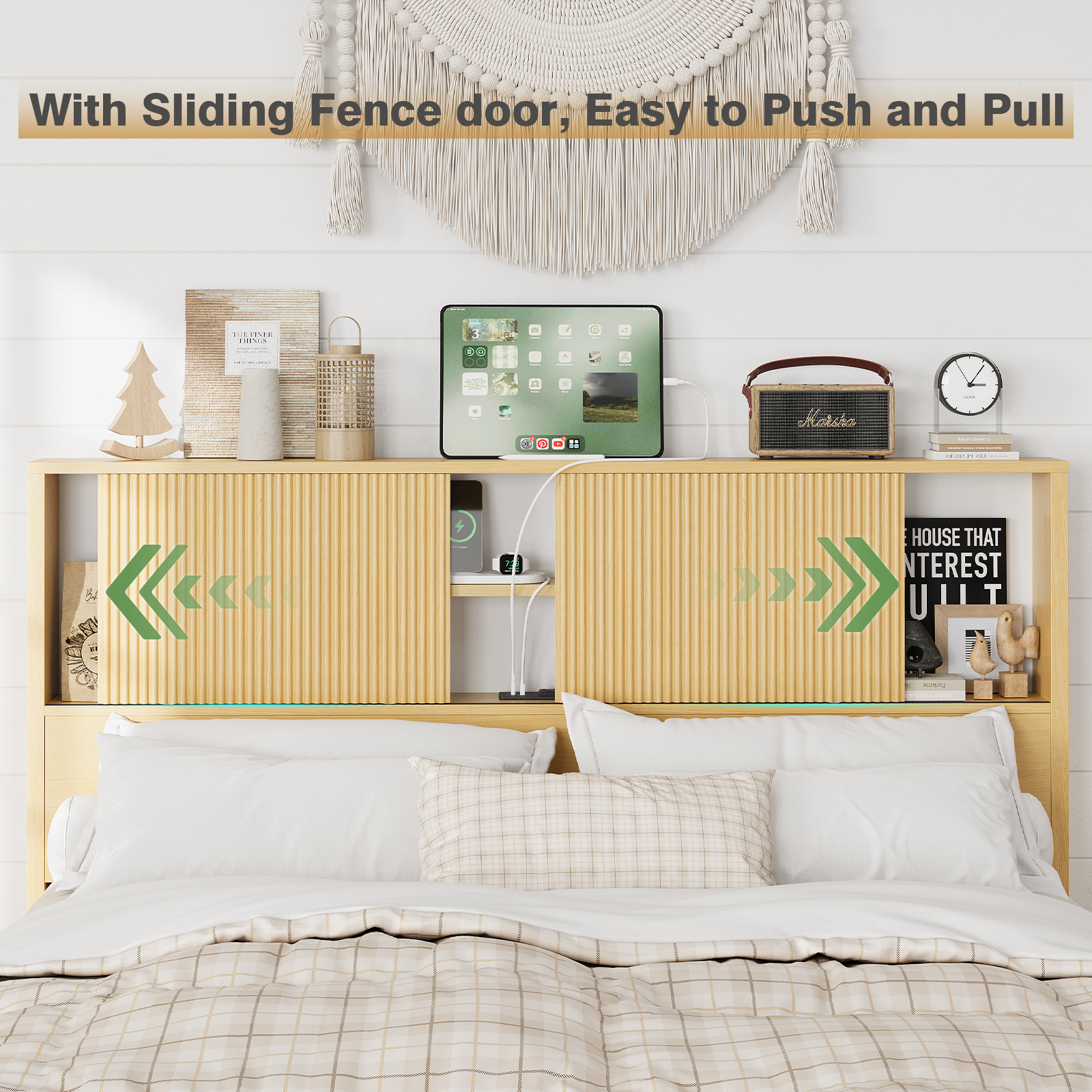 Queen Size Bed Frames with 4 Storage Drawers & 2-Tier Storage Headboards & Built-in USB Ports & Power Outlets, Metal Bed Frames Nox Box Spring Needed, Oak Queen Size Bed Frames with 4 Storage Drawers & 2-Tier Storage Headboards & Built-in USB Ports & Power Outlets, Metal Bed Frames Nox Box Spring Needed, Oak
