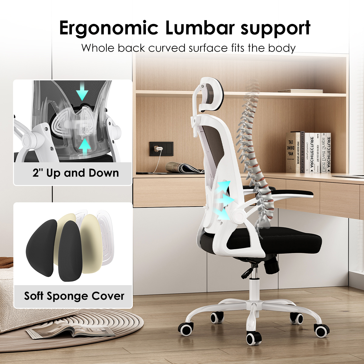 Ergonomic Office Chair, Home Office Desk Chair with Headrest, High Back Computer Chair with Armrests and Adjustable Lumbar Support for Home Office Study Room, White & Black Ergonomic Office Chair, Home Office Desk Chair with Headrest, High Back Computer Chair with Armrests and Adjustable Lumbar Support for Home Office Study Room, White & Black