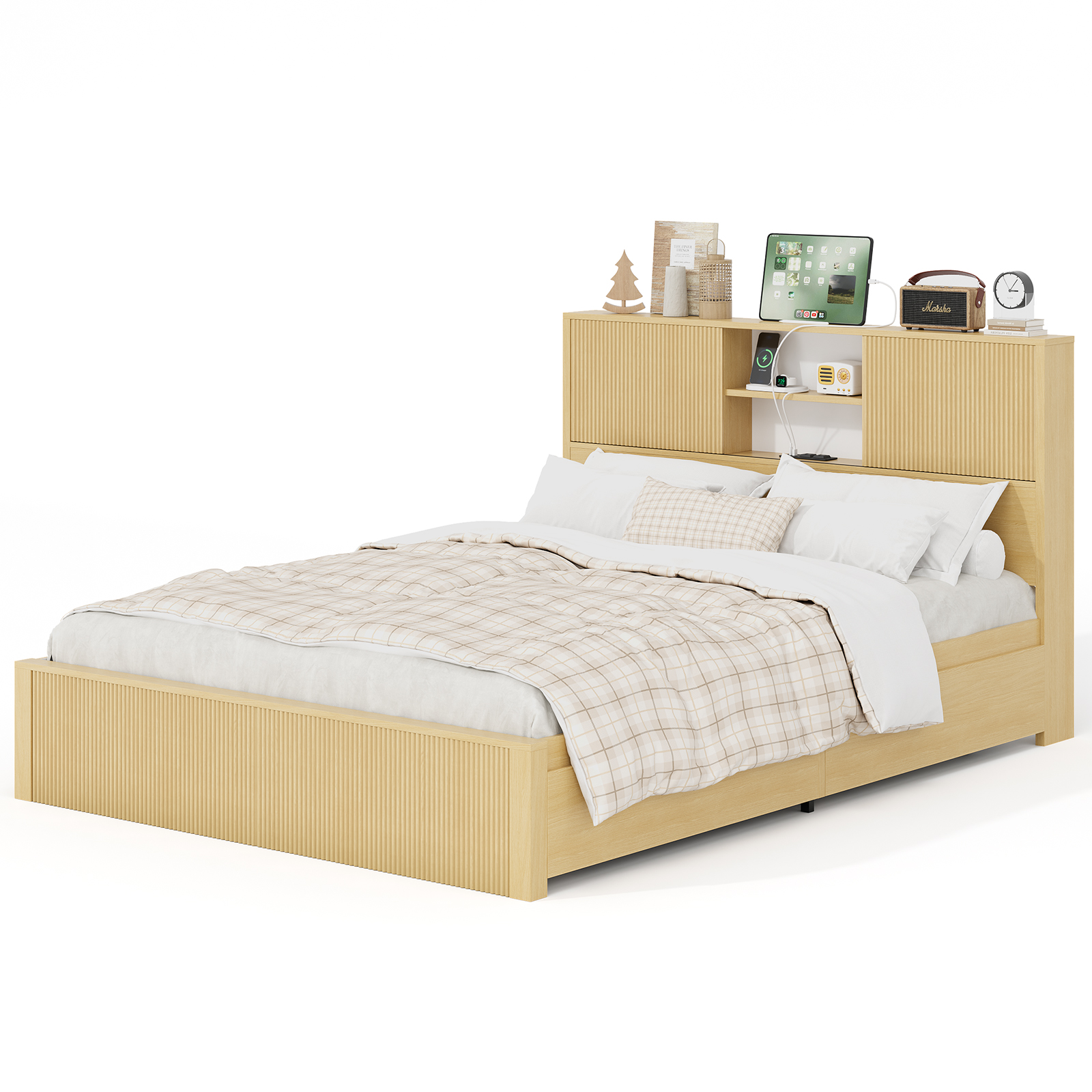 Queen Size Bed Frames with 4 Storage Drawers & 2-Tier Storage Headboards & Built-in USB Ports & Power Outlets, Metal Bed Frames Nox Box Spring Needed, Oak Queen Size Bed Frames with 4 Storage Drawers & 2-Tier Storage Headboards & Built-in USB Ports & Power Outlets, Metal Bed Frames Nox Box Spring Needed, Oak