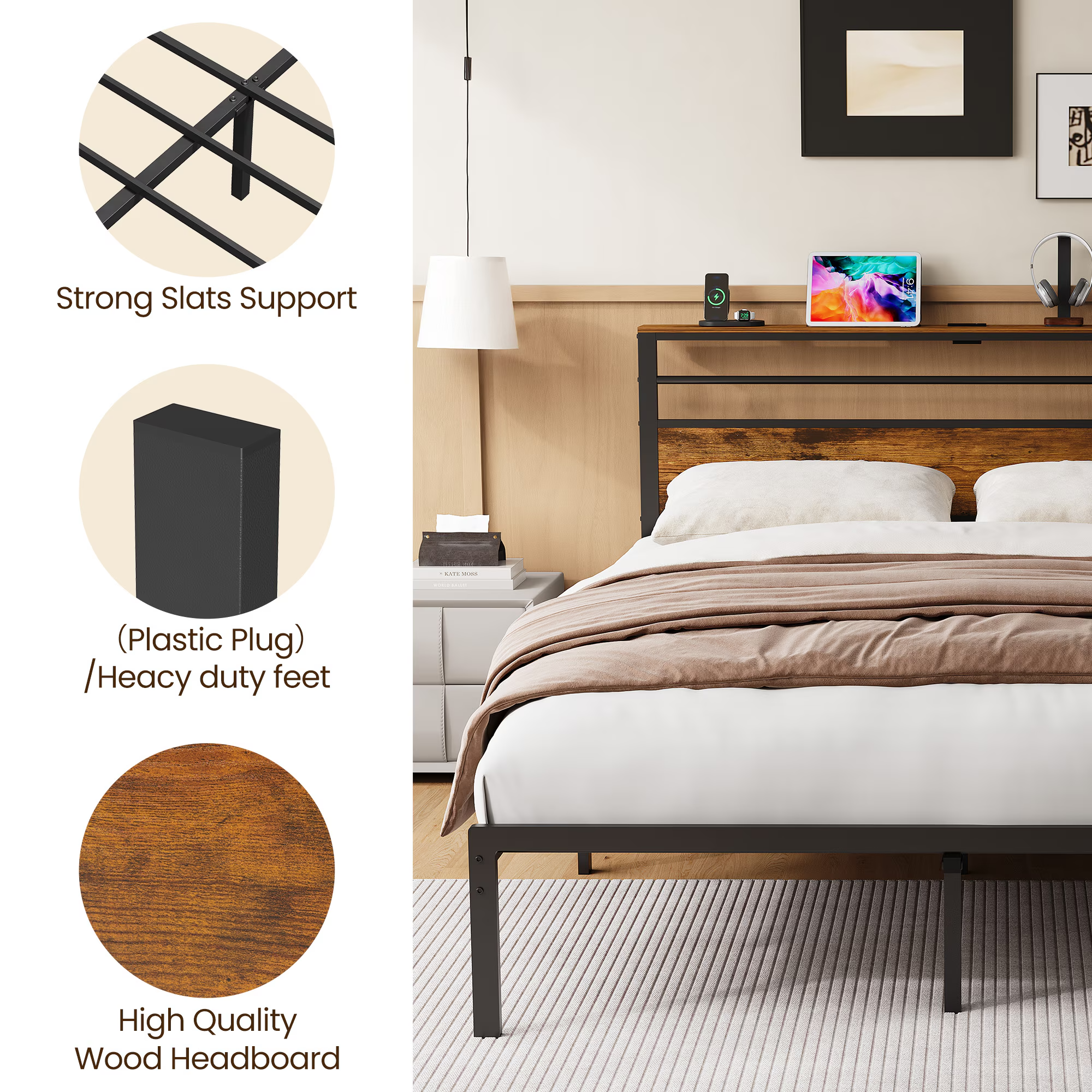 Twin Size Bed Frame with Headboard and Storage Shelf, Metal Bed, Upholstered Wooden Beds with Charging Station, Sturdy Frames for Bedroom Furniture, No Box Spring Needed, Black Twin Size Bed Frame with Headboard and Storage Shelf, Metal Bed, Upholstered Wooden Beds with Charging Station, Sturdy Frames for Bedroom Furniture, No Box Spring Needed, Black