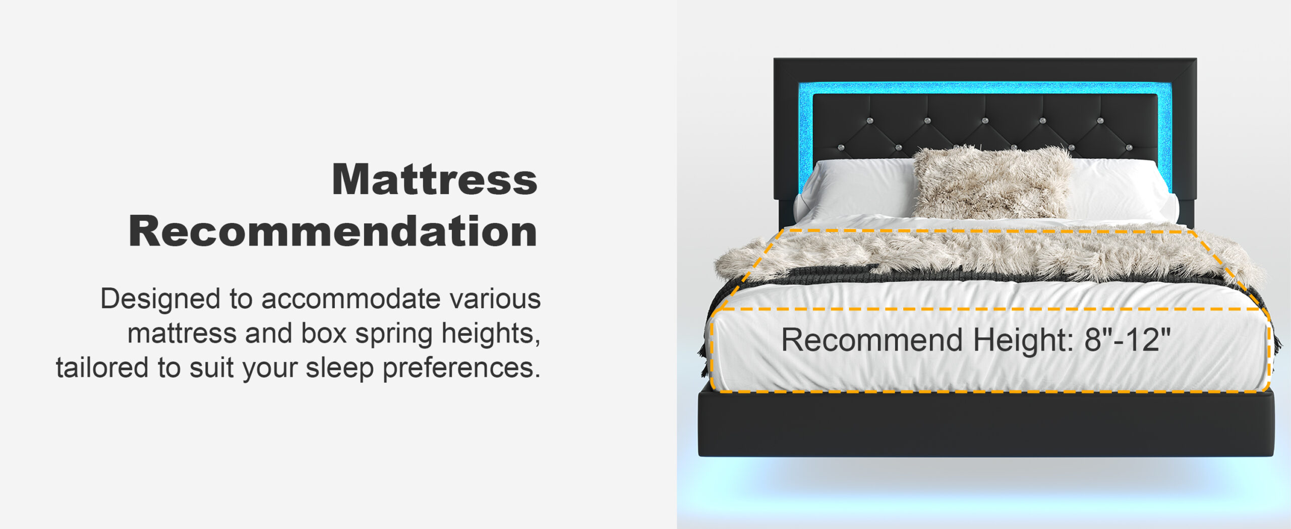 Full Size Bed Frame with Headboard, Floating Bed Frame with LED Lights, Upholstered Platform Bed with Diamond Tufted Headboard, No Box Spring Required, Black Full Size Bed Frame with Headboard, Floating Bed Frame with LED Lights, Upholstered Platform Bed with Diamond Tufted Headboard, No Box Spring Required, Black