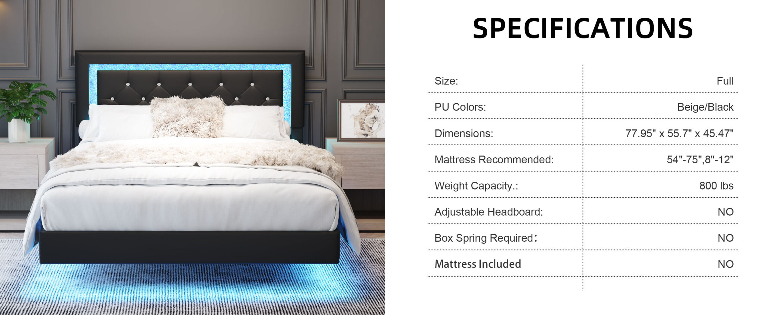 Full Size Bed Frame with Headboard, Floating Bed Frame with LED Lights, Upholstered Platform Bed with Diamond Tufted Headboard, No Box Spring Required, Black Full Size Bed Frame with Headboard, Floating Bed Frame with LED Lights, Upholstered Platform Bed with Diamond Tufted Headboard, No Box Spring Required, Black