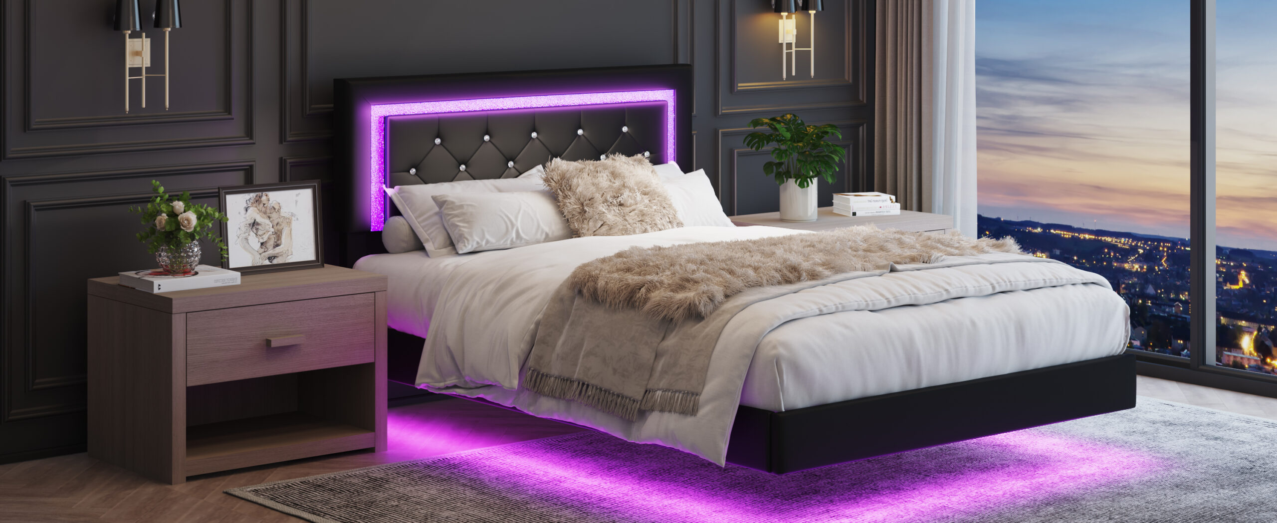 Full Size Bed Frame with Headboard, Floating Bed Frame with LED Lights, Upholstered Platform Bed with Diamond Tufted Headboard, No Box Spring Required, Black Full Size Bed Frame with Headboard, Floating Bed Frame with LED Lights, Upholstered Platform Bed with Diamond Tufted Headboard, No Box Spring Required, Black